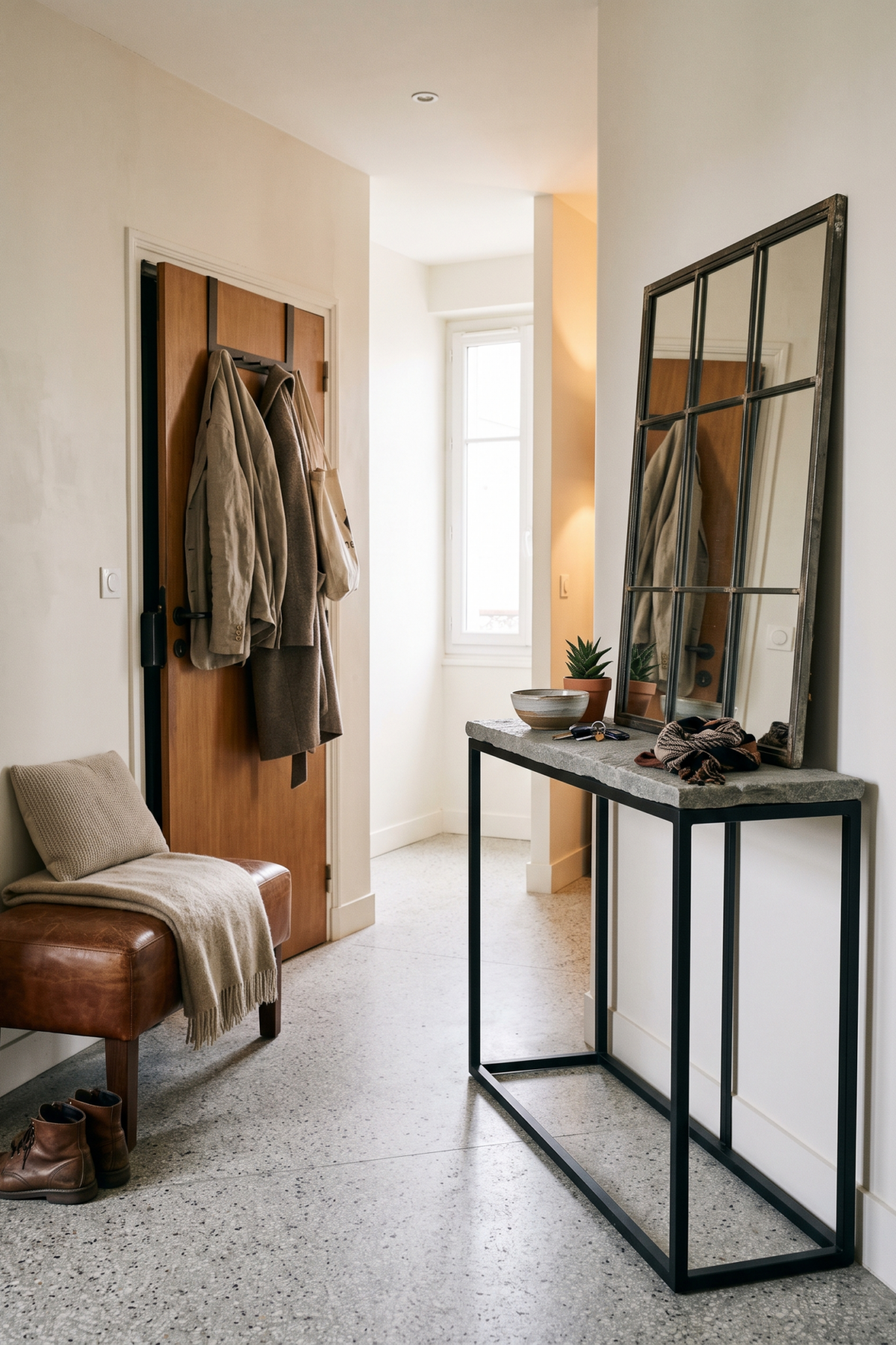 Une entrée de location avec console autoportante en métal noir, miroir posé et banc en cuir.