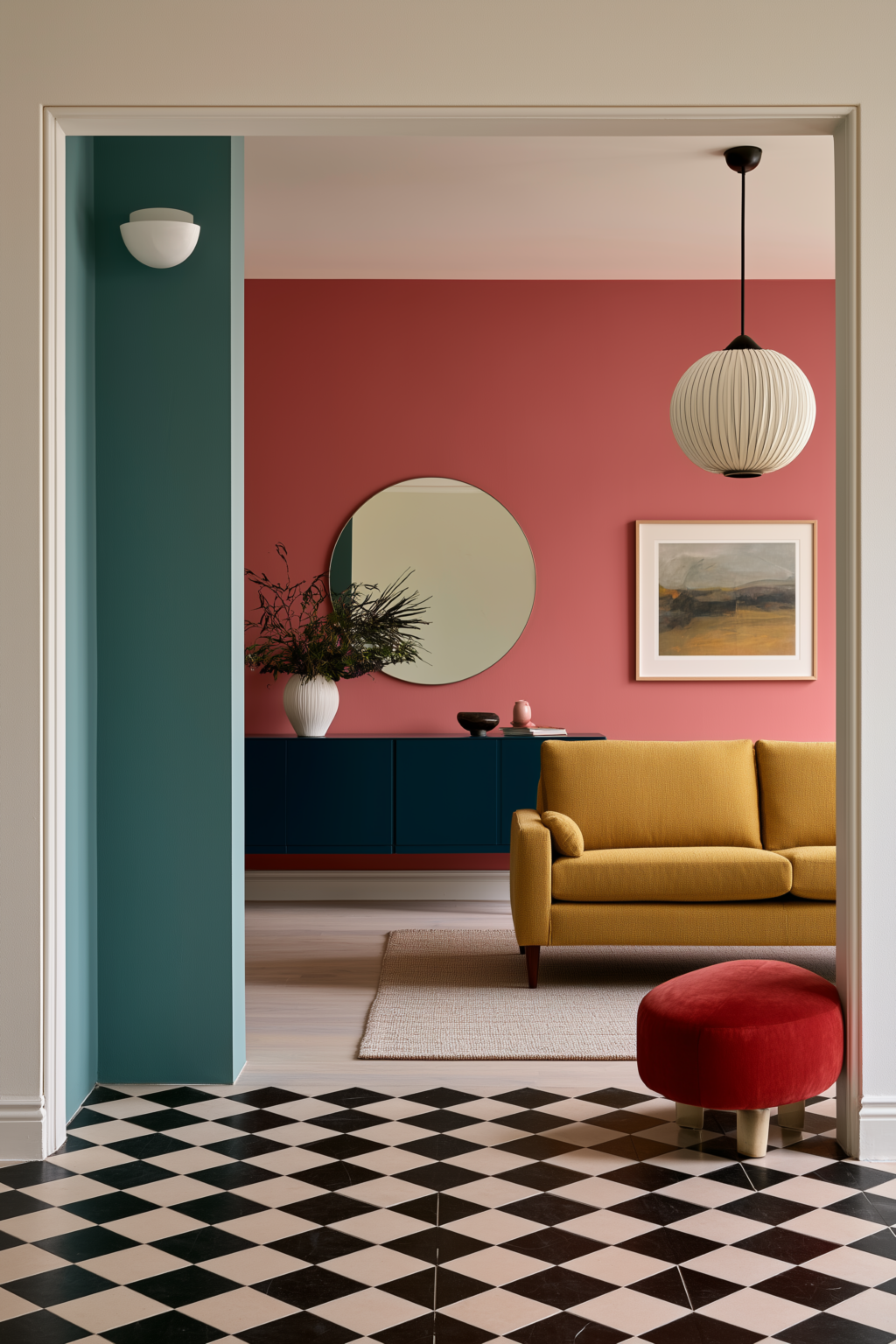 Entrée ouverte sur un salon coloré avec deux ambiances lumineuses
