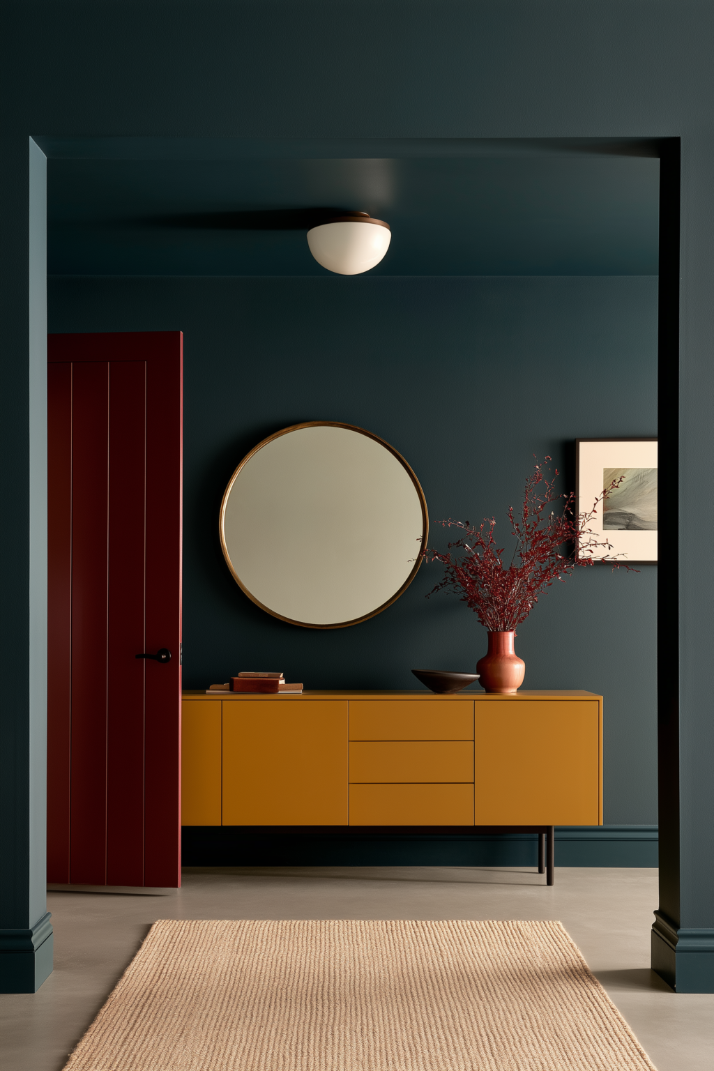 Entrée sans fenêtre bleu pétrole avec miroir rond, console jaune et plafonnier