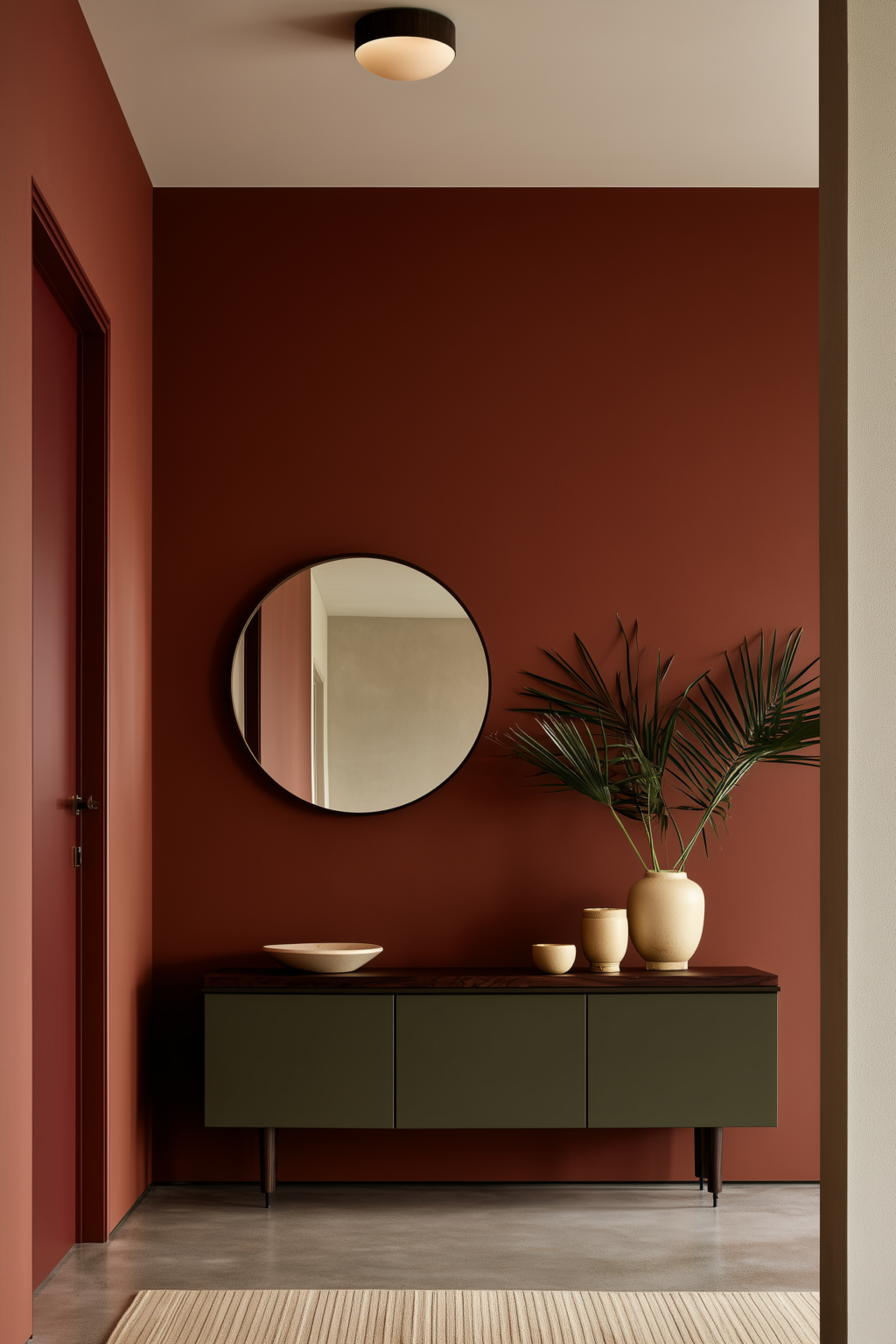 Entrée terracotta éclairée par une lumière chaude et un miroir rond
