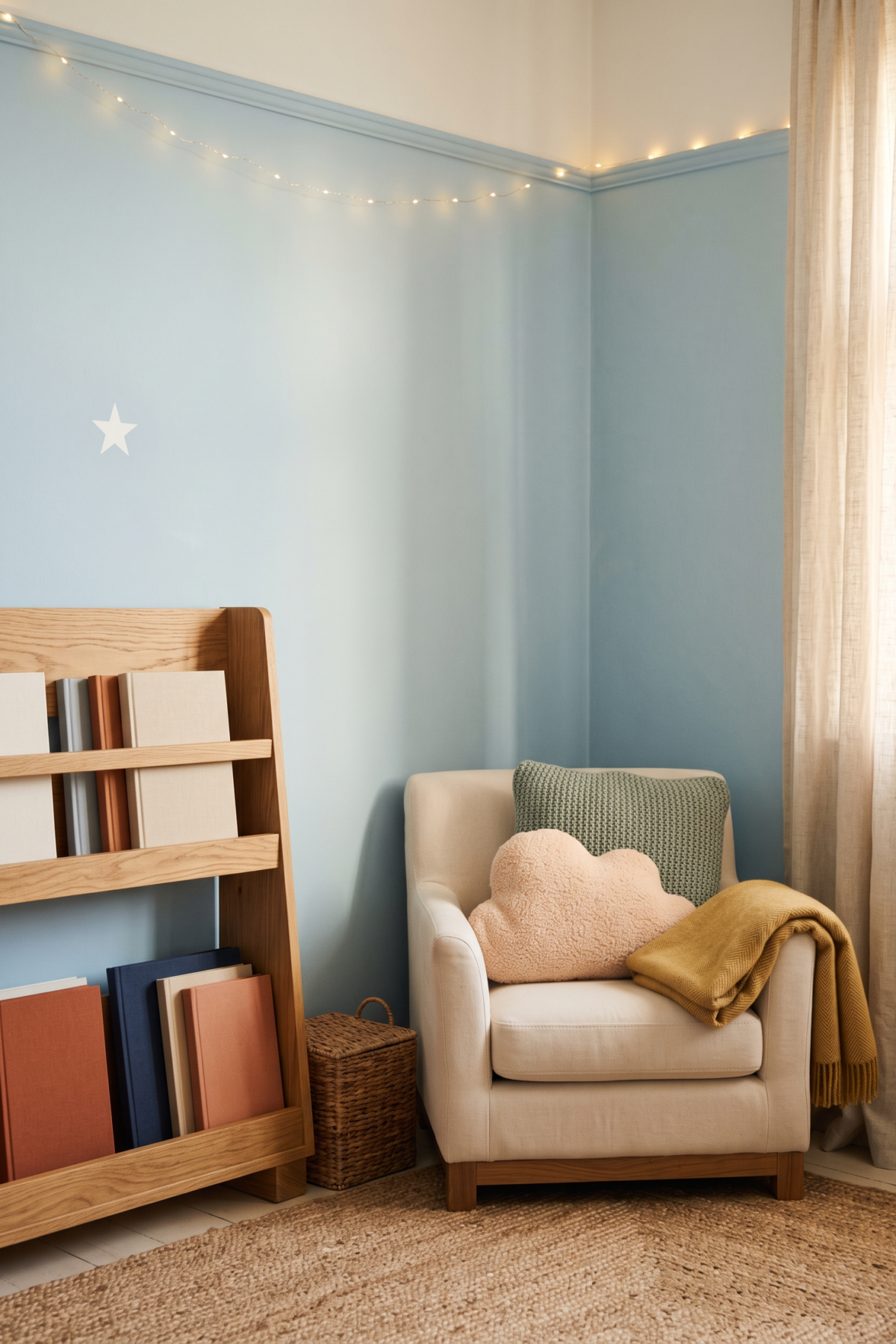 Fauteuil bas, livres accessibles et plaid doux dans un coin lecture enfant