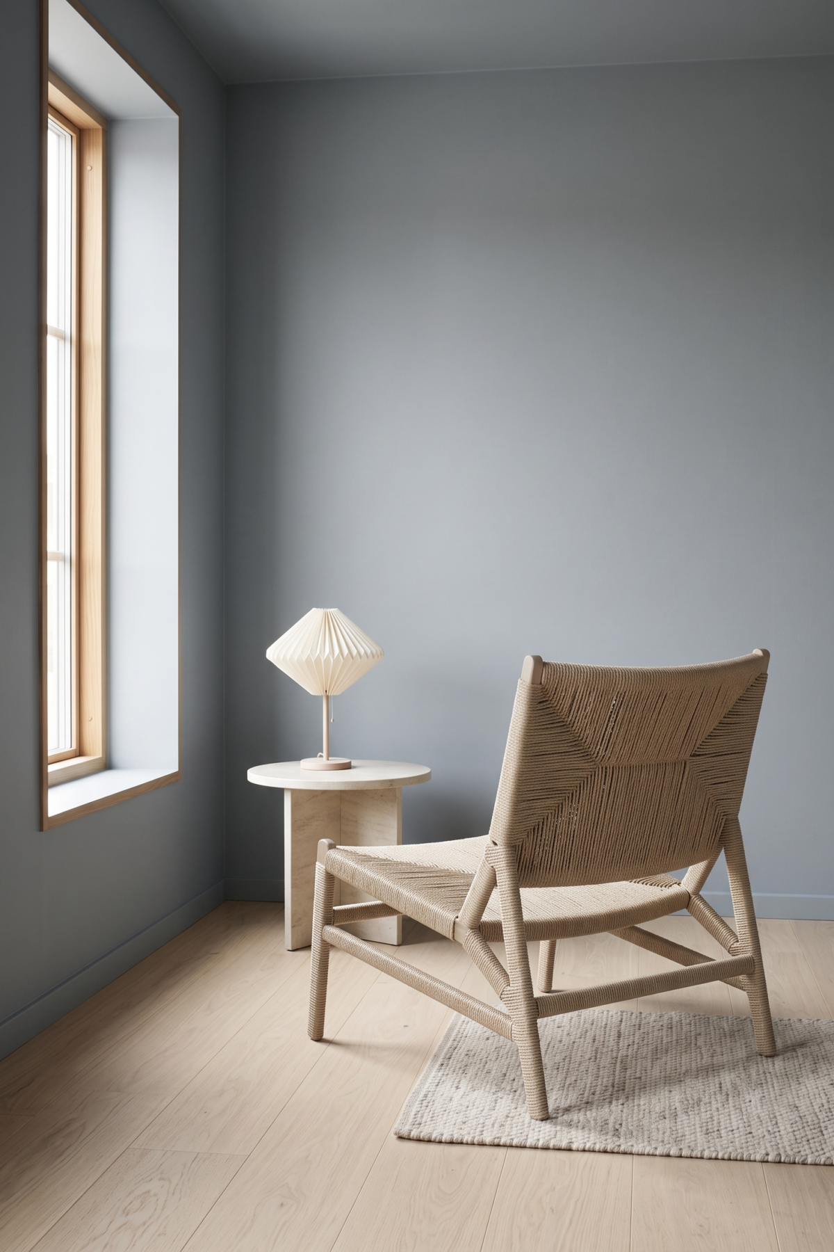Fauteuil tressé beige dans un salon aux murs bleu grisé