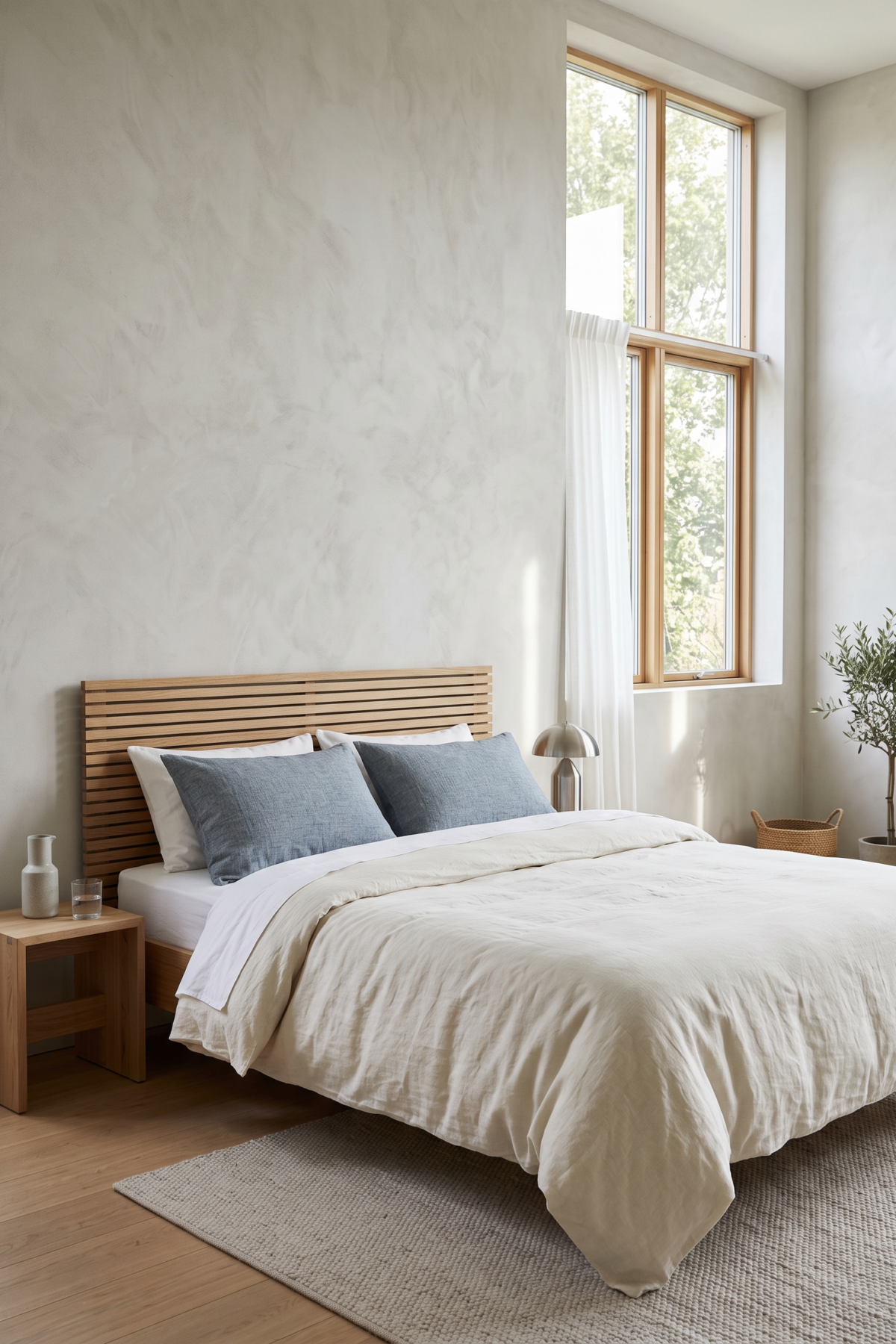 Housse de couette écrue et deux taies bleu grisé dans une chambre lumineuse
