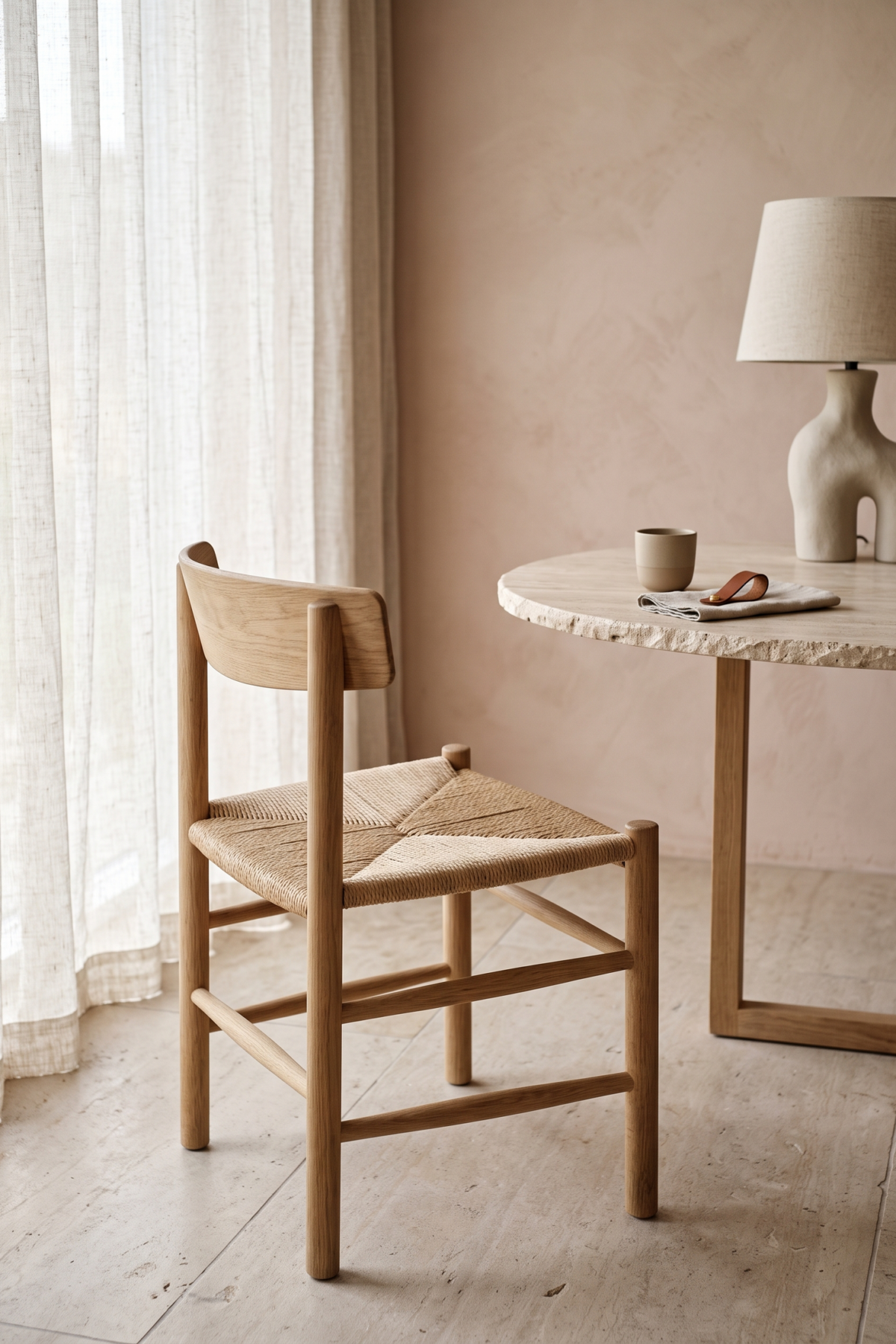 Intérieur danois lumineux avec chaise en bois, cordelette naturelle et détail de cuir