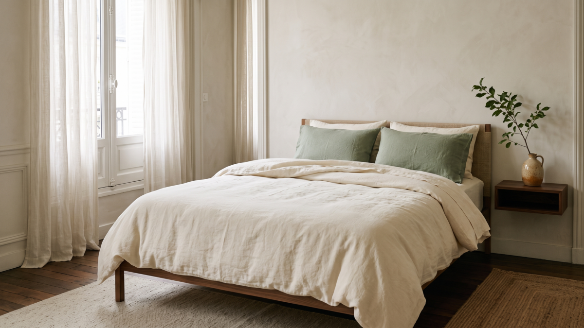 Lit en linge de lit écru et taies vert sauge dans une chambre éclairée le matin