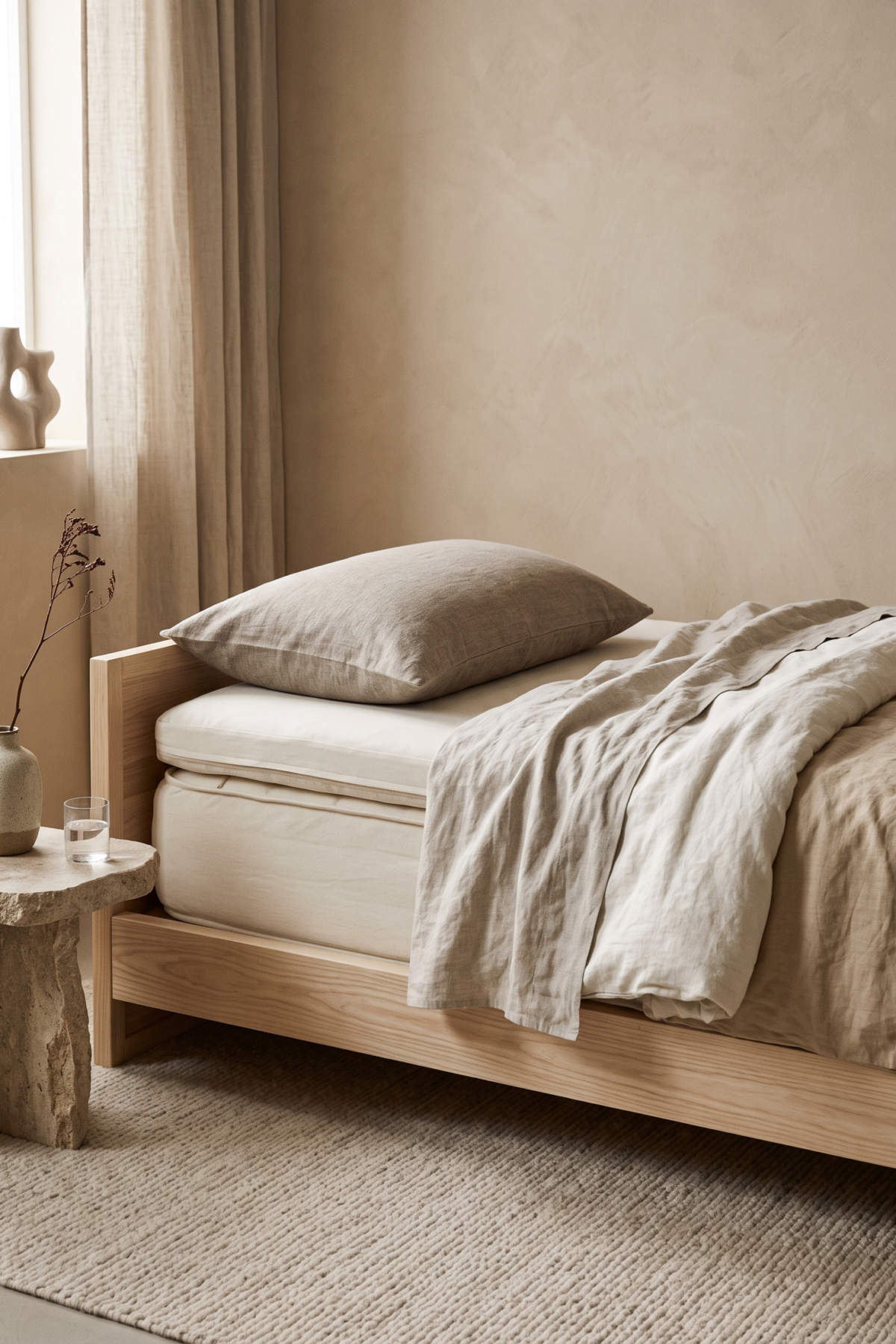 Literie aux matières naturelles avec matelas et oreillers visibles sur un lit bas