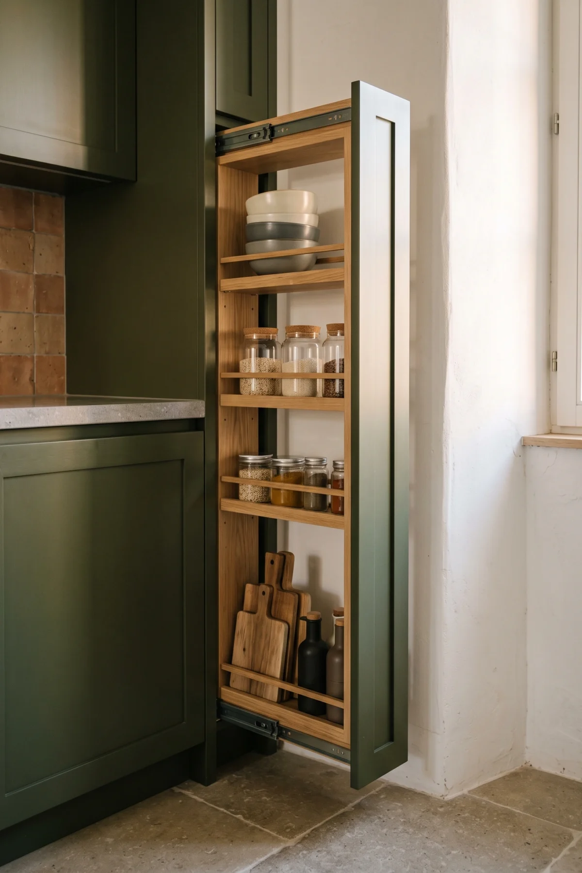 Meuble de cuisine étroit et vertical avec étagères coulissantes entre deux éléments