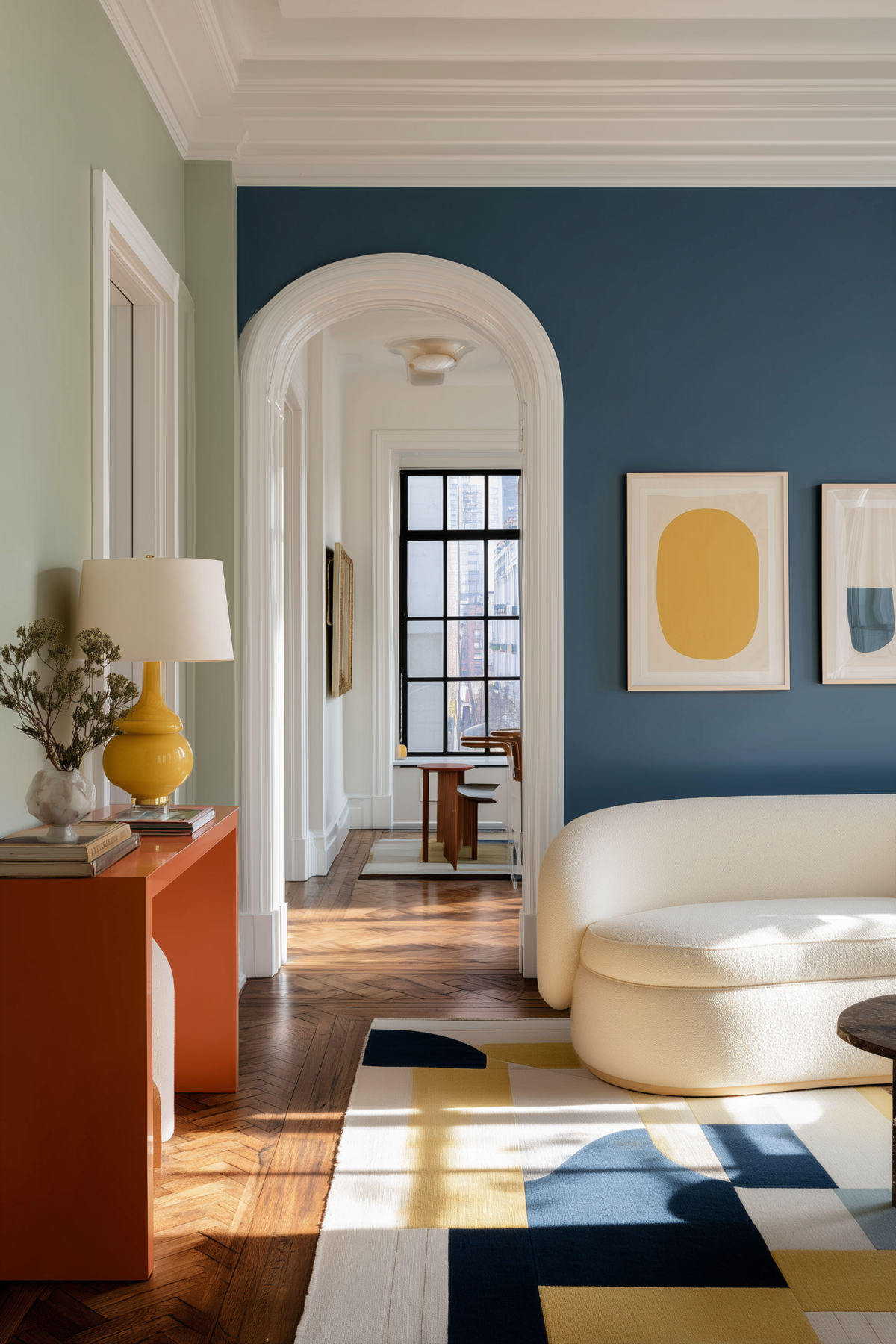 Entrée ouverte sur un salon avec mur bleu et console orange