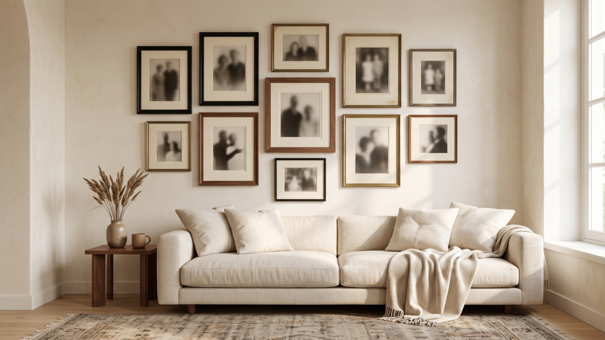 Mur de cadres avec vieilles photos de famille dans un salon lumineux