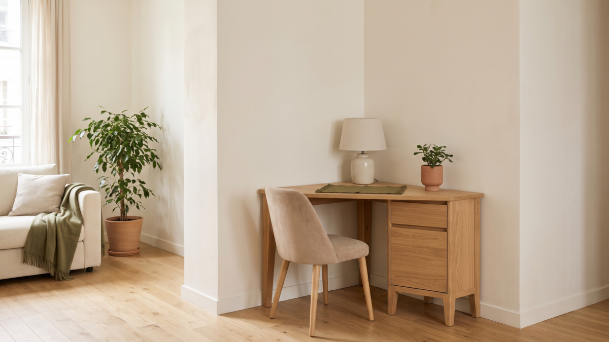 Petit bureau d’angle en bois installé dans un salon clair