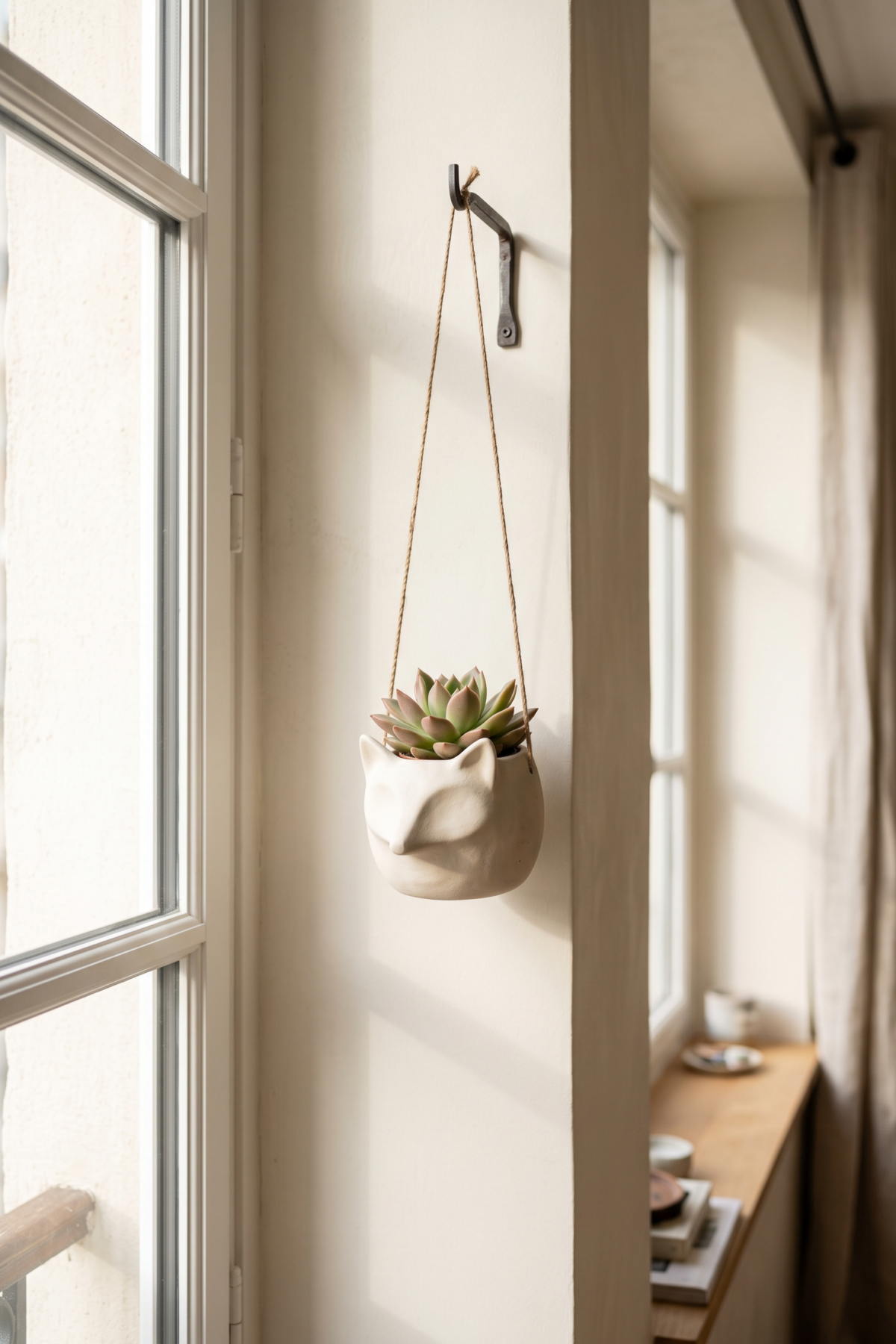 Petit pot animal suspendu avec succulente près d’une fenêtre lumineuse