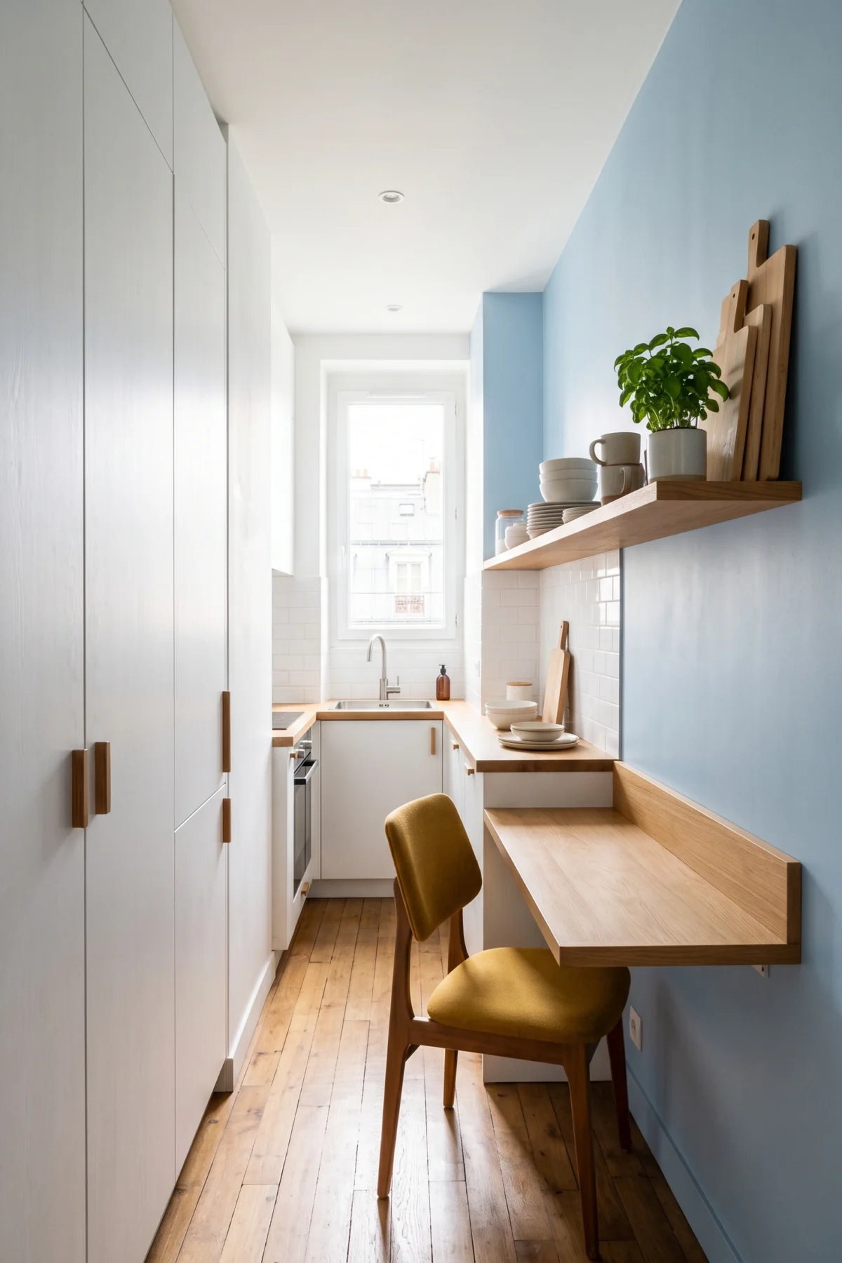 Petite cuisine lumineuse avec rangements en hauteur, mur bleu poudré et coin repas compact