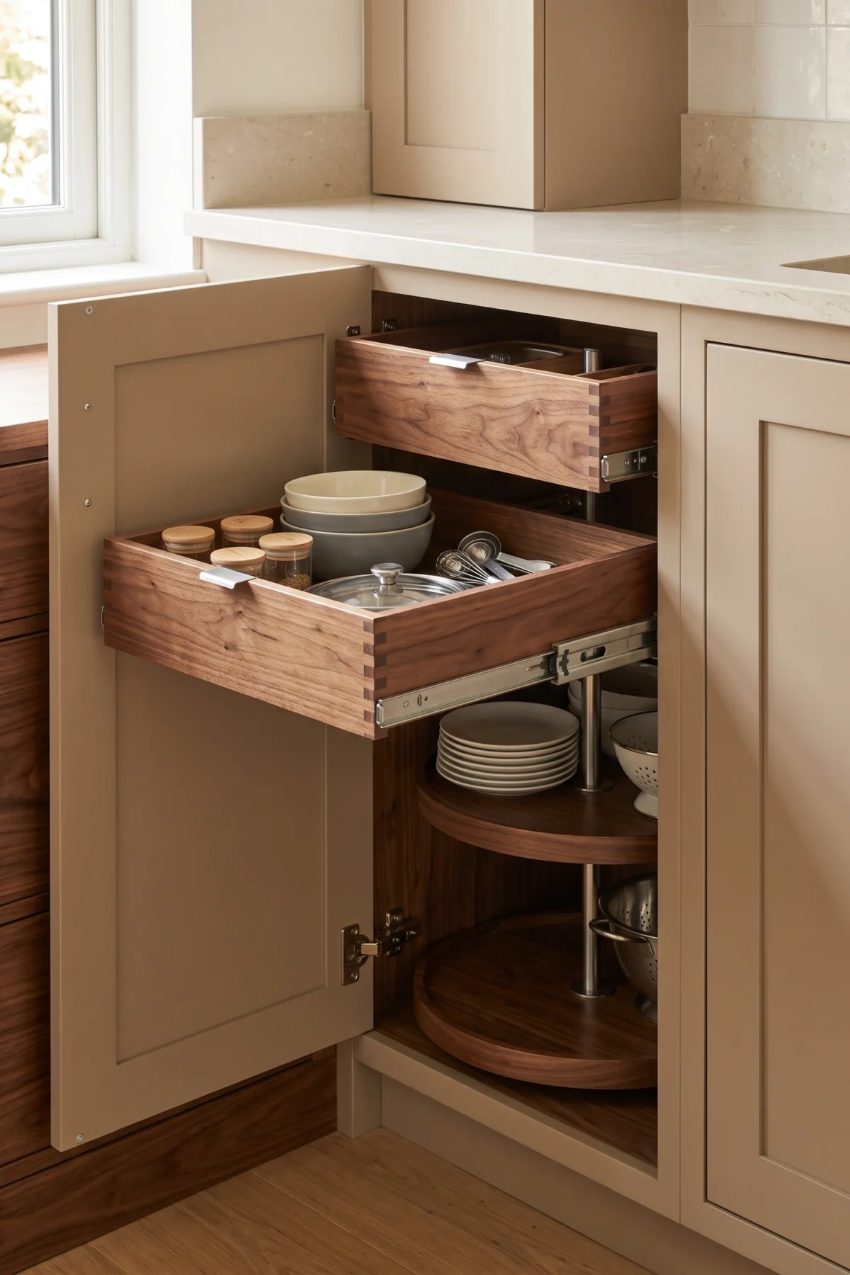 Placard d'angle de cuisine avec tiroirs coulissants et rangements intérieurs accessibles