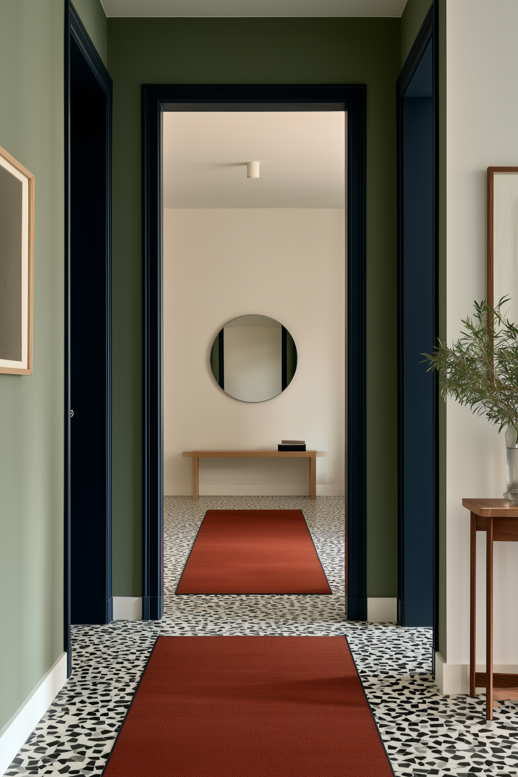 Entrée colorée avec plafonnier diffusant, banc rouge et console jaune