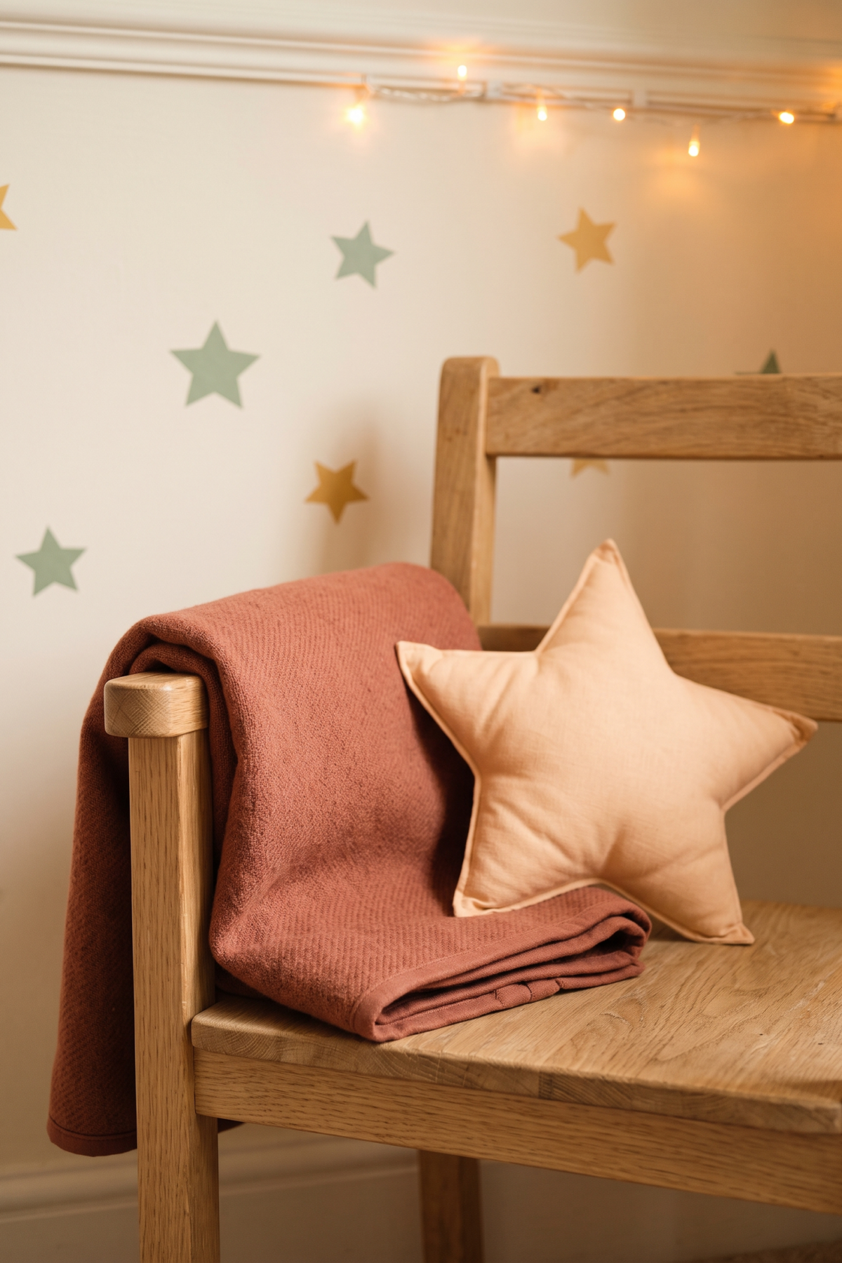 Plaid rouille et coussin étoile apportent une touche hygge au coin lecture