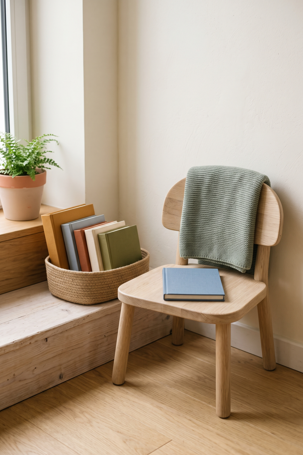 Quelques livres aux couvertures unies rangés dans un bac bas près d’un fauteuil