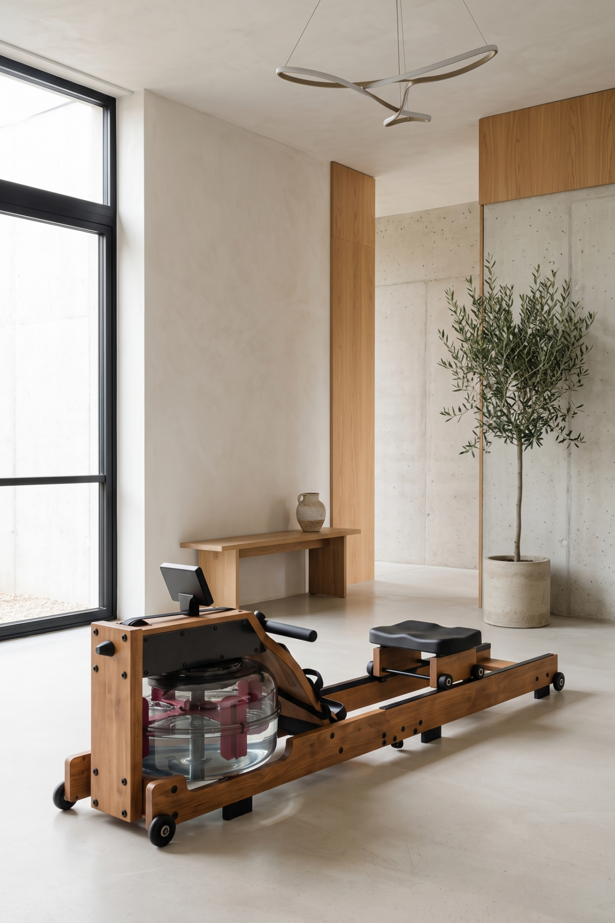 Rameur à eau en bois installé dans un home gym d’appartement d’architecte