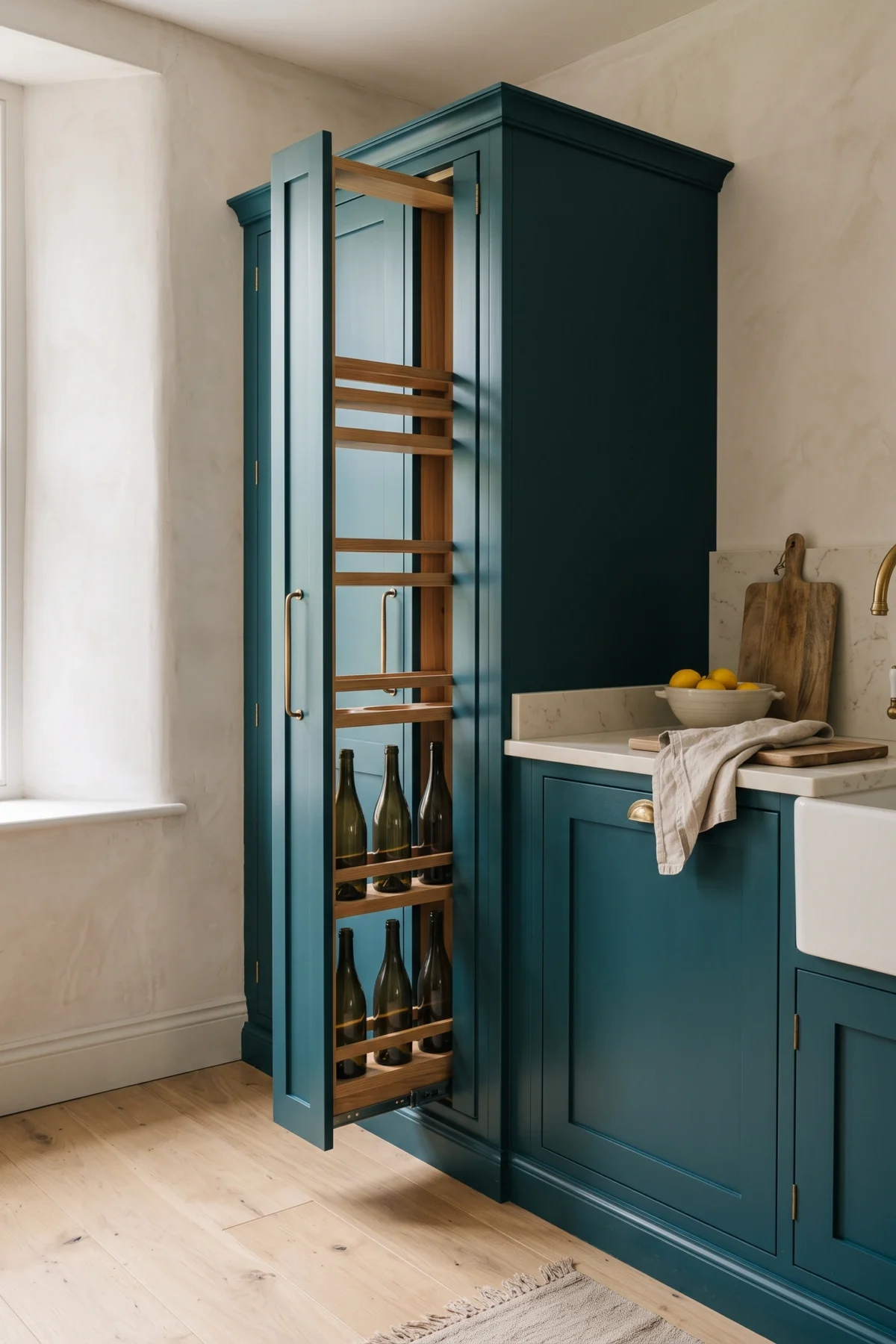Range-bouteilles vertical intégré dans un meuble étroit de cuisine