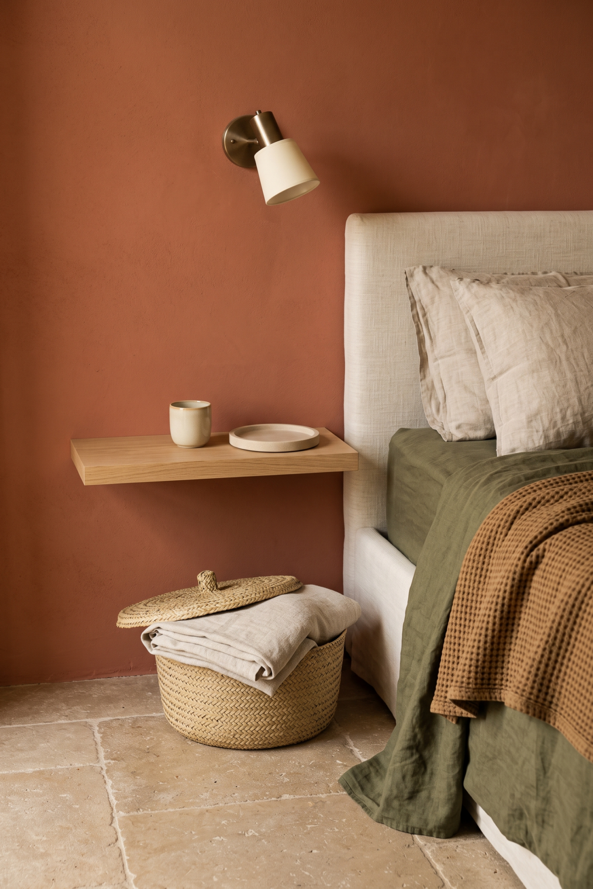 Petit coin sommeil avec tablette murale, applique orientable et rangement discret pour le linge