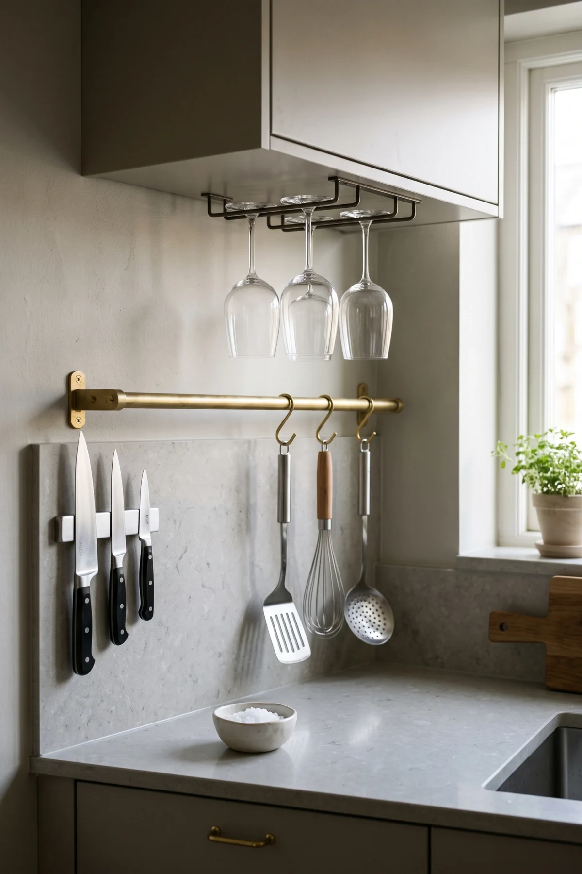 Rangements suspendus crédibles pour verres, ustensiles et couteaux dans une petite cuisine