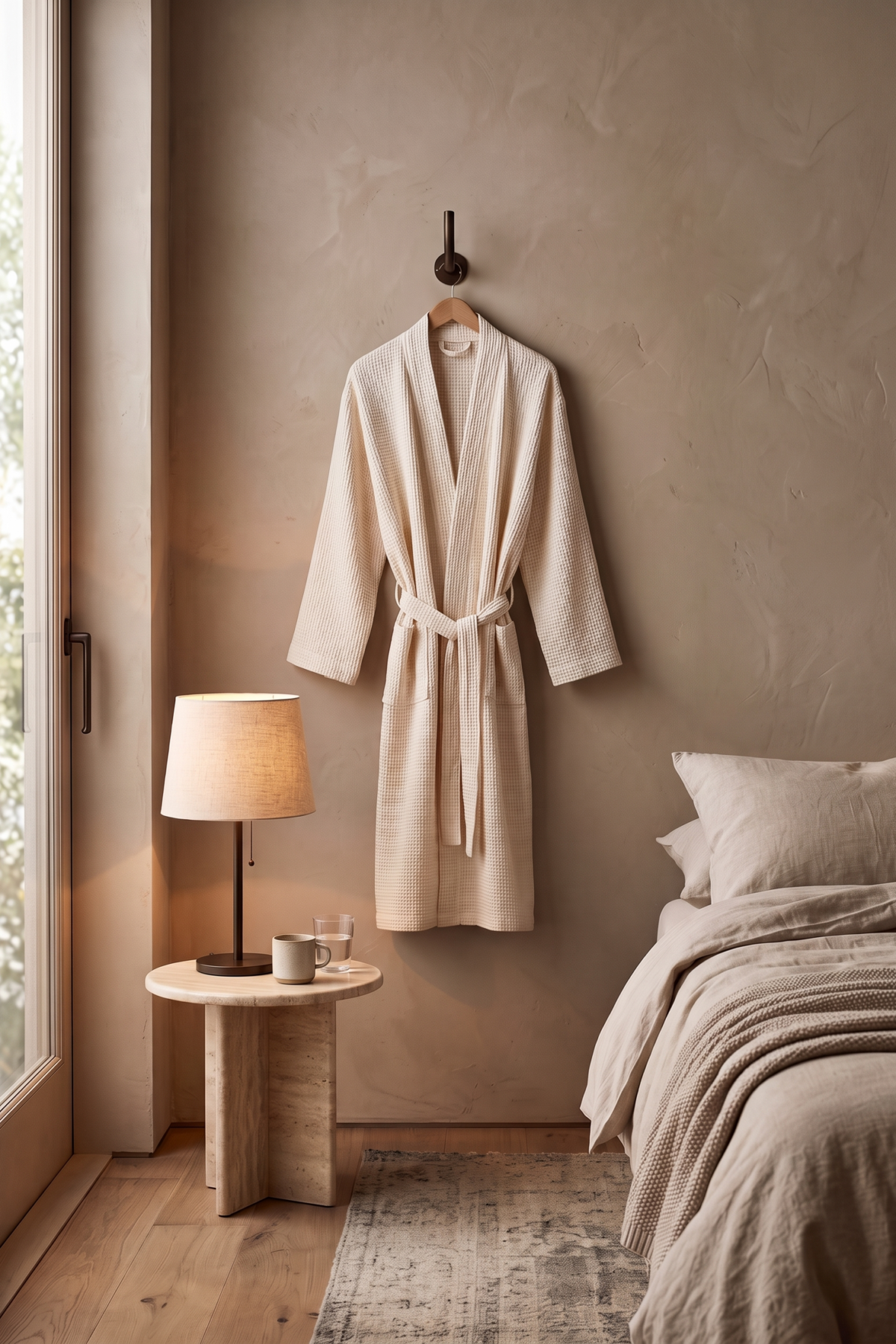 Robe de chambre écrue suspendue à une patère près d’une lampe de chevet
