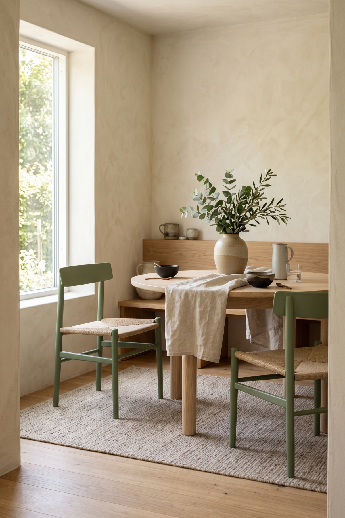 Salle à manger danoise avec chaises vert mousse autour d’une table ronde