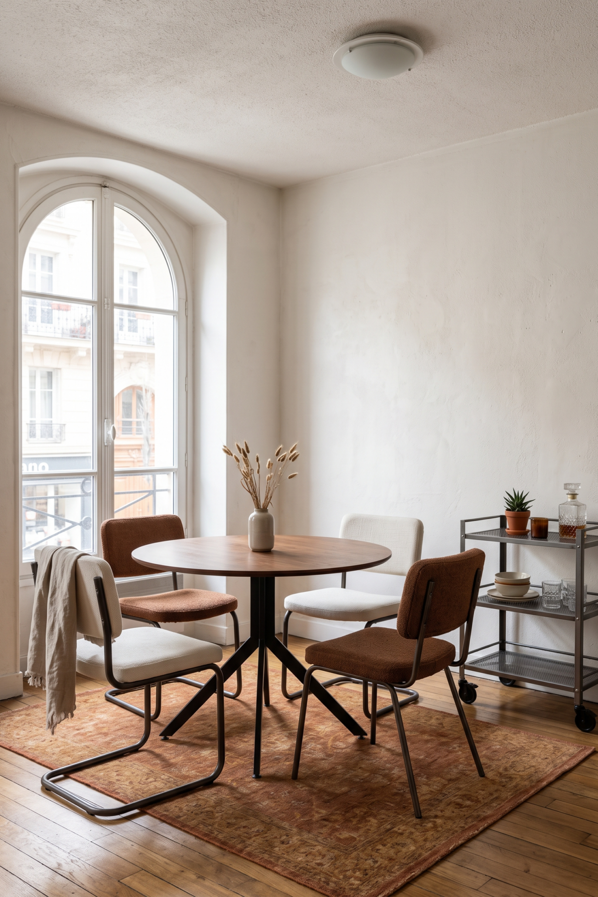Une salle à manger réunit table ronde à pied métallique, chaises dépareillées et desserte mobile.