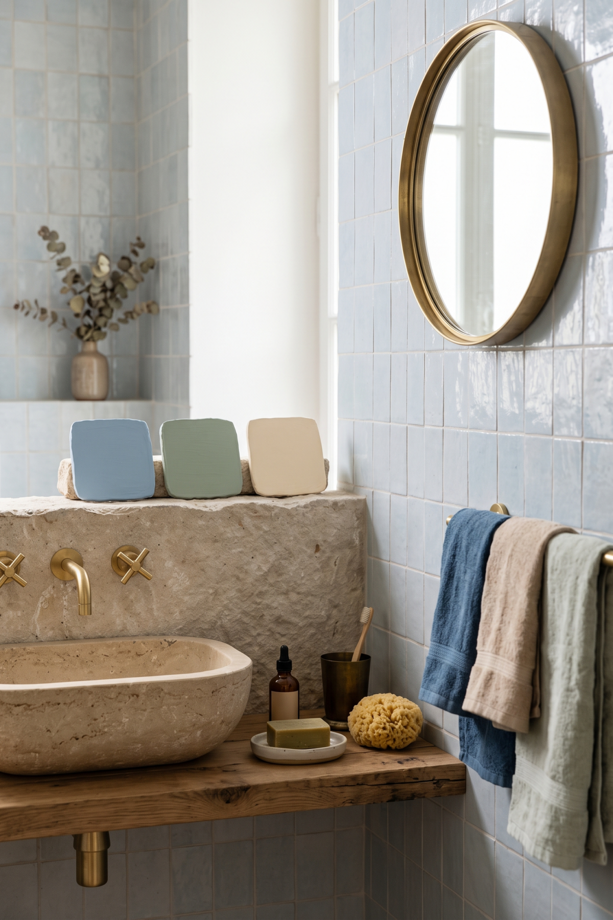 Salle de bain avec échantillons de peinture et accessoires colorés assortis