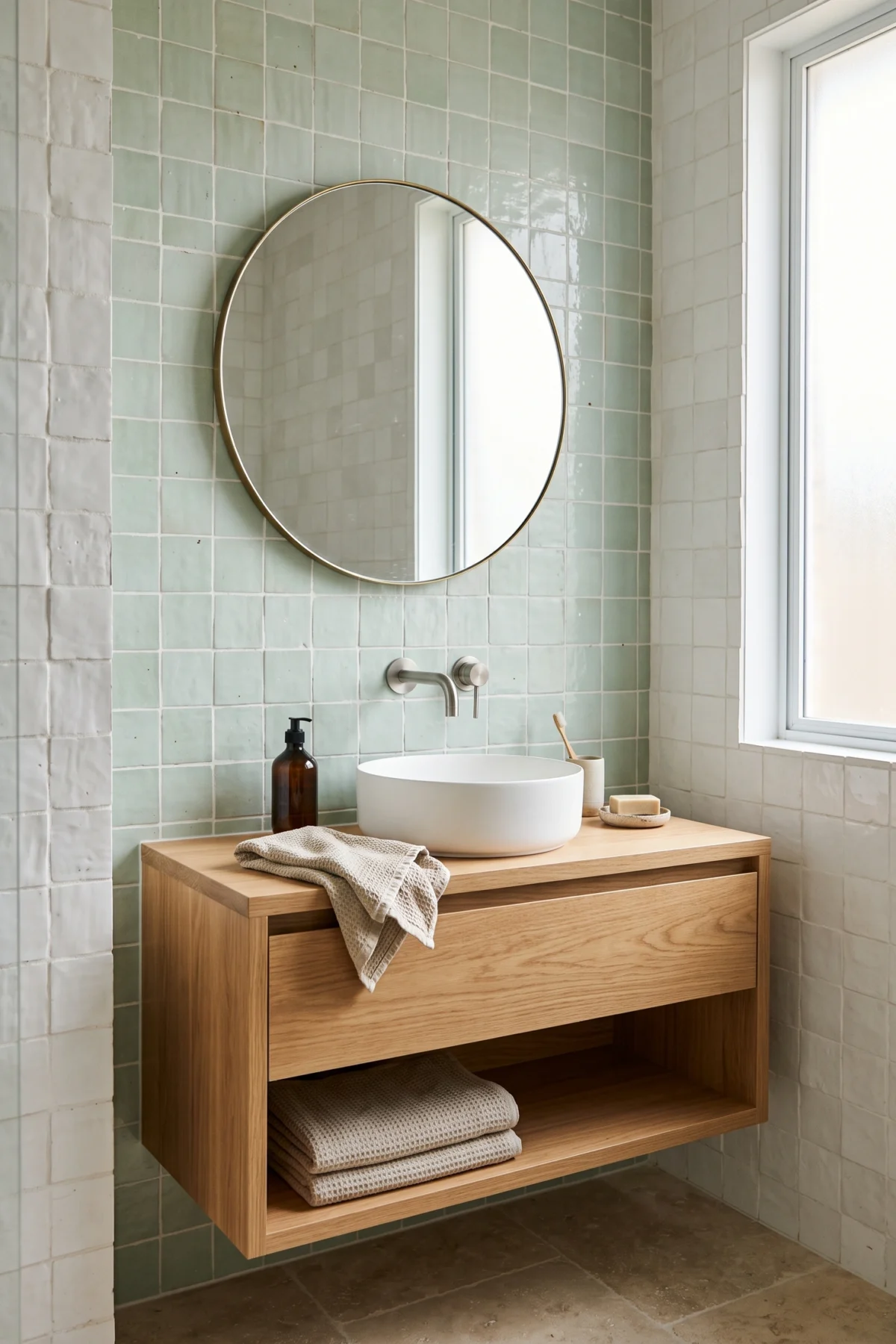 Salle de bain vert d’eau avec faïence blanche bois clair et textiles beiges