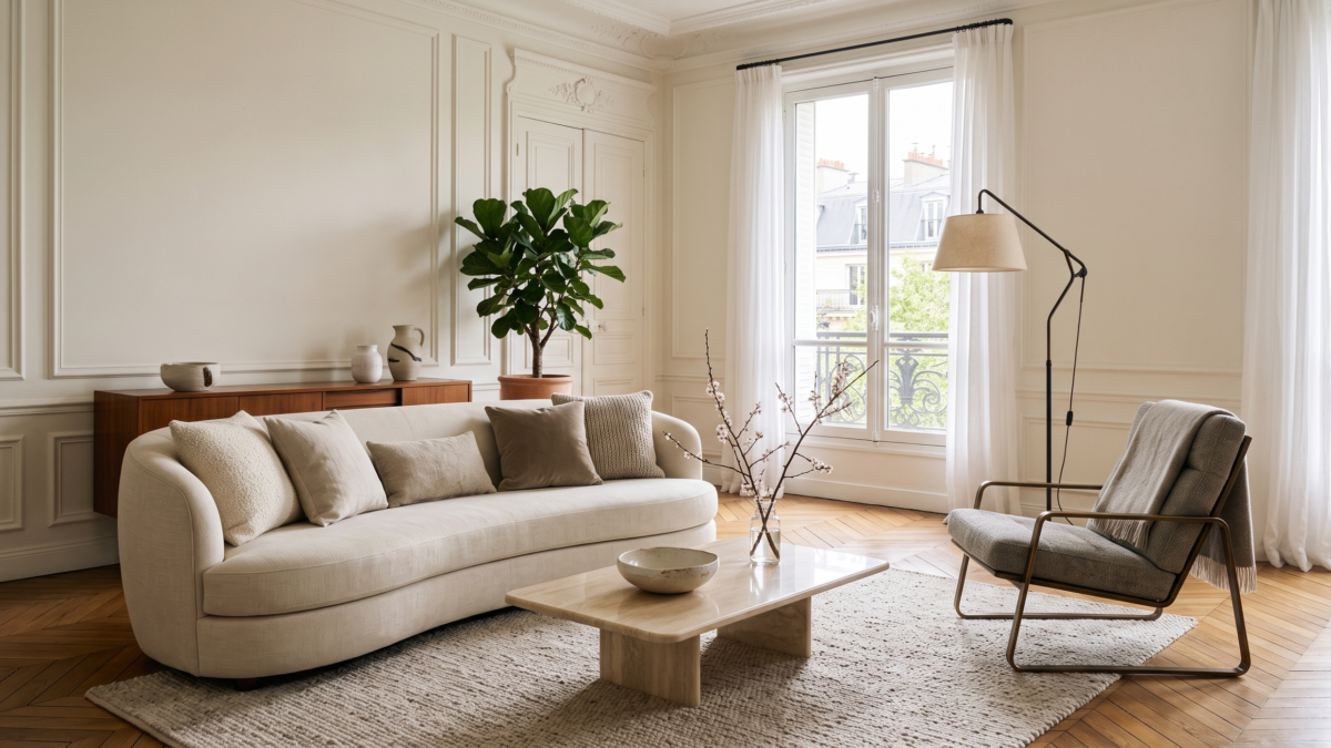 Canapé contemporain avec coussins soigneusement disposés dans un salon lumineux, fauteuil design et objets décoratifs