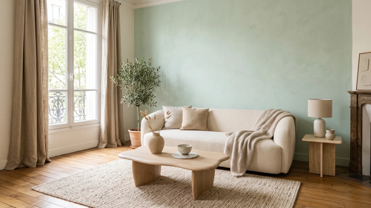 Salon contemporain avec un mur couleur mint et des matières naturelles