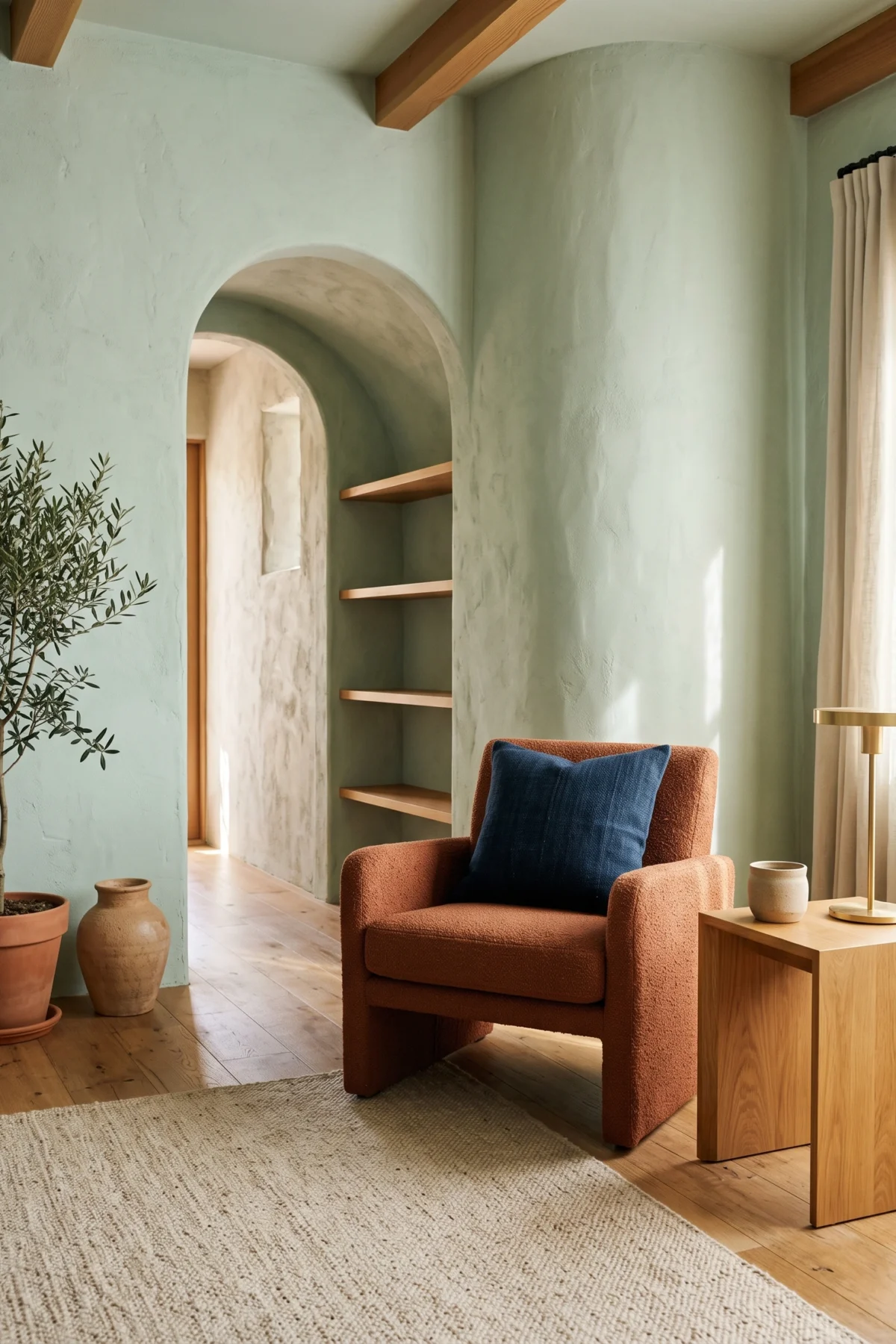 Salon couleur mint associé au bois clair à la terre cuite et au bleu nuit