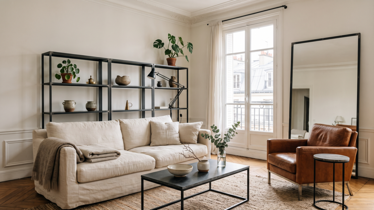 Un salon lumineux associe canapé en lin, fauteuil cognac, miroir posé et mobilier en métal noir.