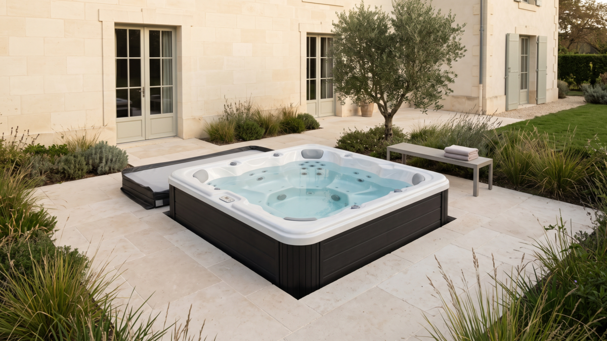 Spa extérieur intégré à une terrasse en pierre claire bordée de plantes