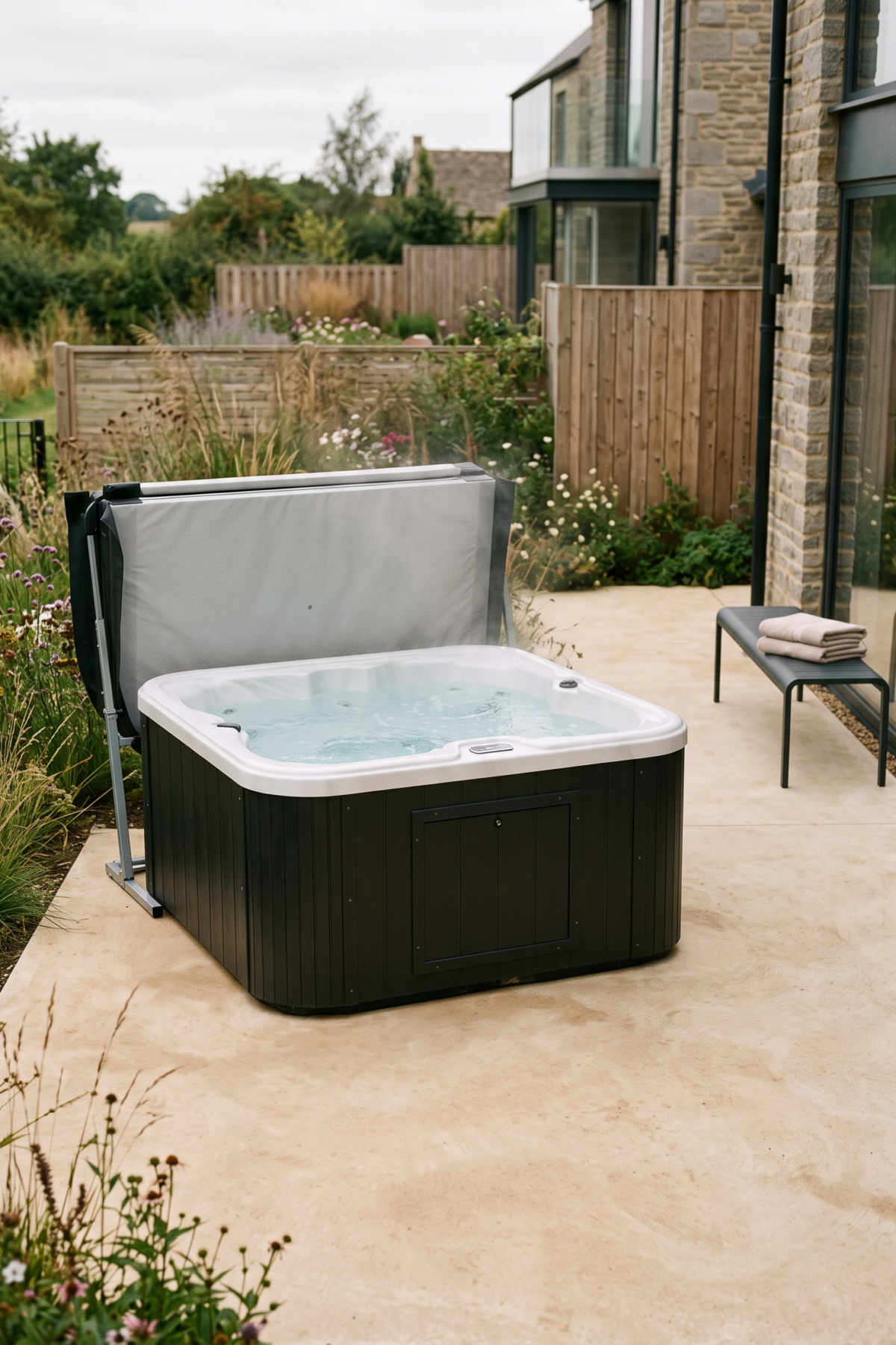 Spa de jardin avec couverture repliée et banc pour les serviettes