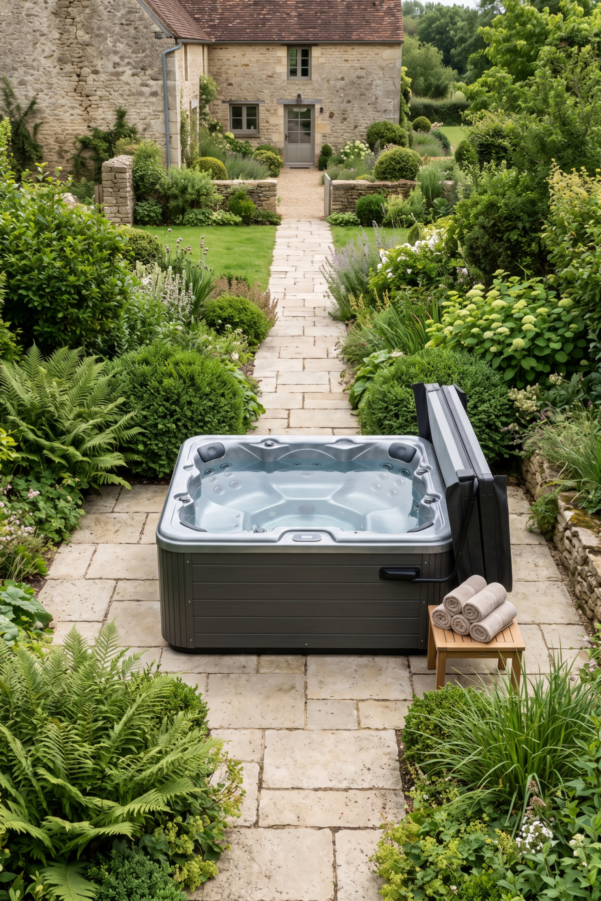 Spa au milieu d’un jardin végétalisé accessible par un chemin en pierre