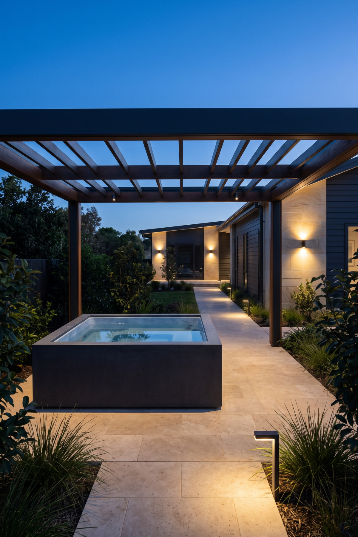 Spa sous pergola ouverte avec éclairage doux et passage dégagé