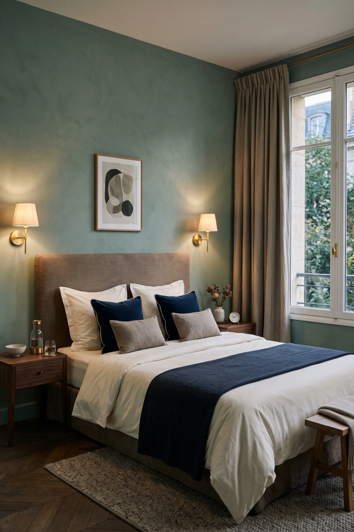 Suite parentale couleur mint et bleu marine inspirée d’un hôtel