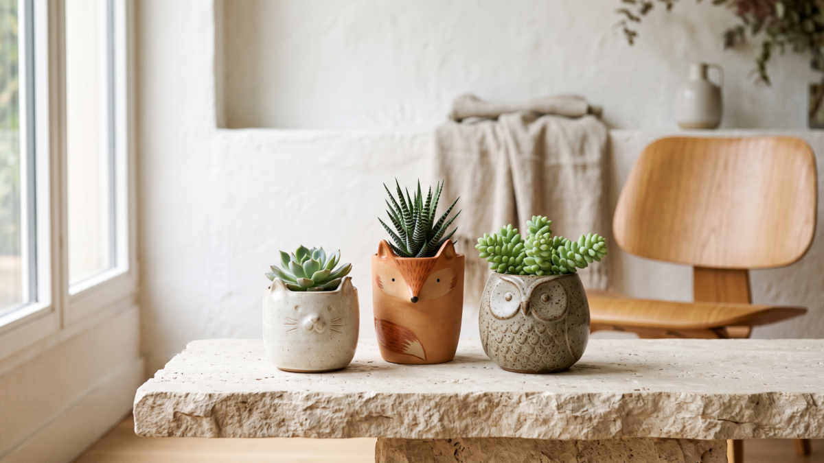 Trois petits pots en forme d’animaux avec succulentes sur une console en pierre claire