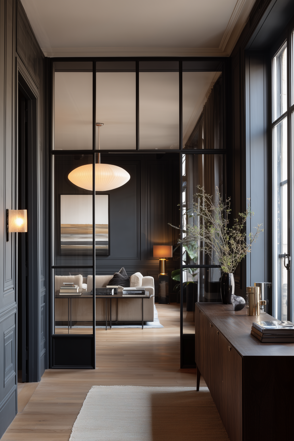 Verrière noire séparant une entrée sombre d’un salon lumineux
