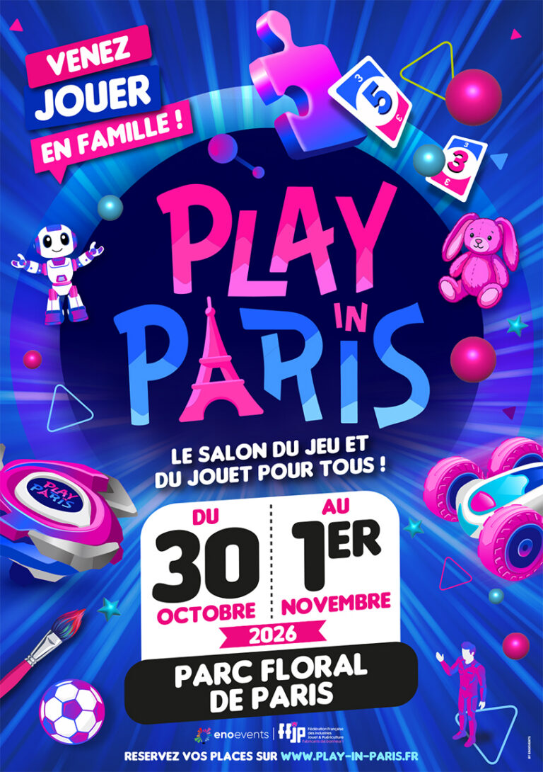 Affiche Play In Paris 2026 : salon du jeu et du jouet au Parc Floral de Paris du 30 octobre au 1er novembre