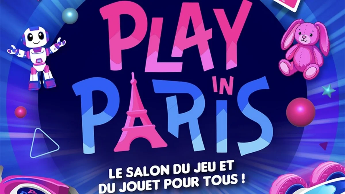 Affiche Play In Paris, salon du jeu et du jouet, sur fond bleu et rose