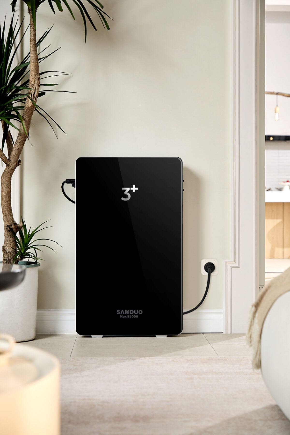 Batterie SAMDUO NEX E6000 noire près d’une plante et d’une porte dans une pièce lumineuse