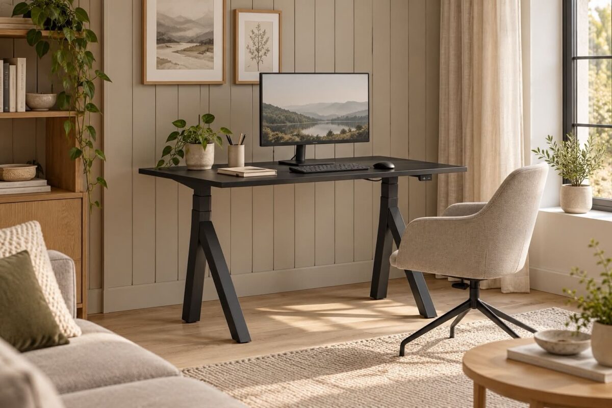 Bureau noir à pieds inclinés et fauteuil beige dans un salon avec plantes et mur à panneaux