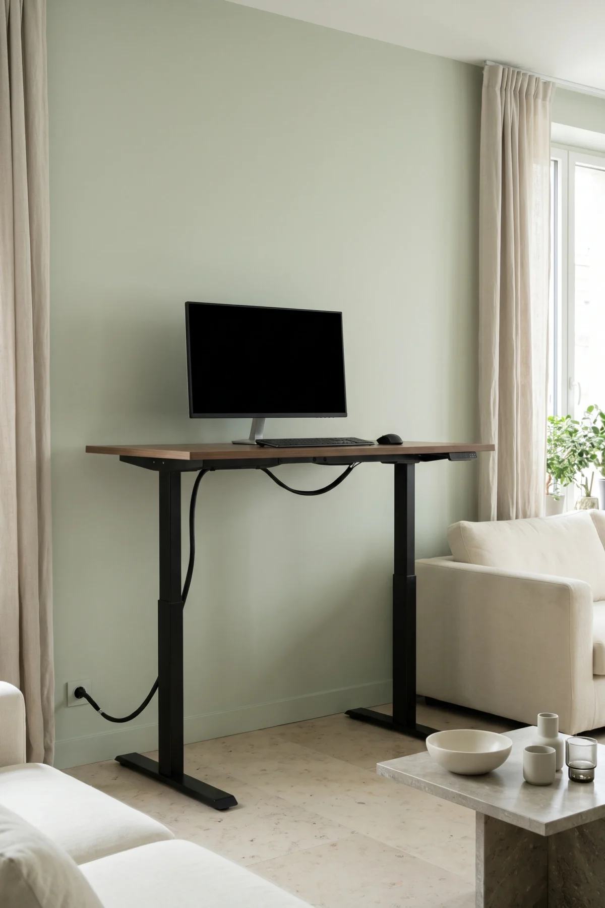 Bureau réglable en position haute avec espace libre au-dessus et câble souple sous le plateau