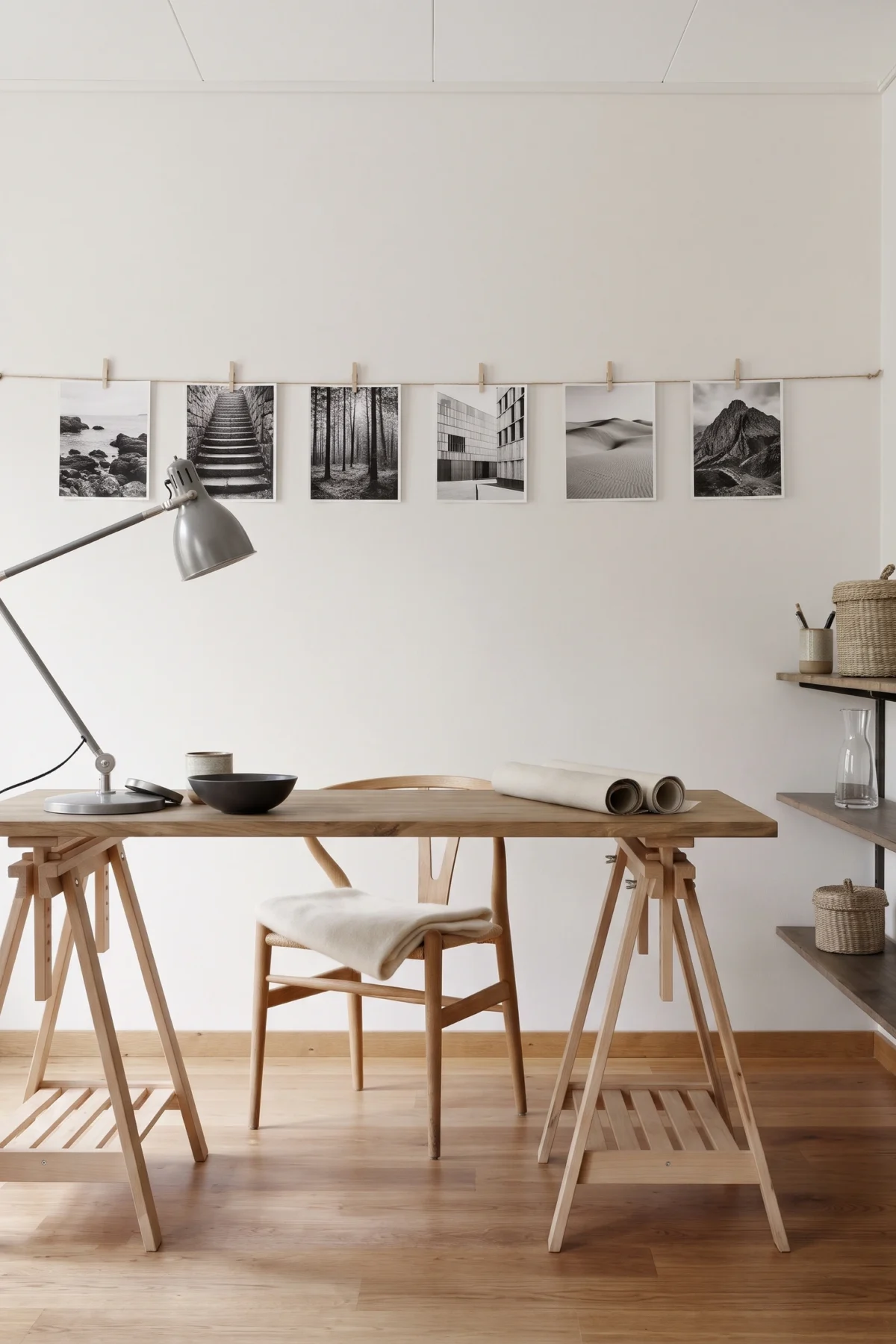 Bureau sur tréteaux sous une corde de photos fixées par des pinces en bois