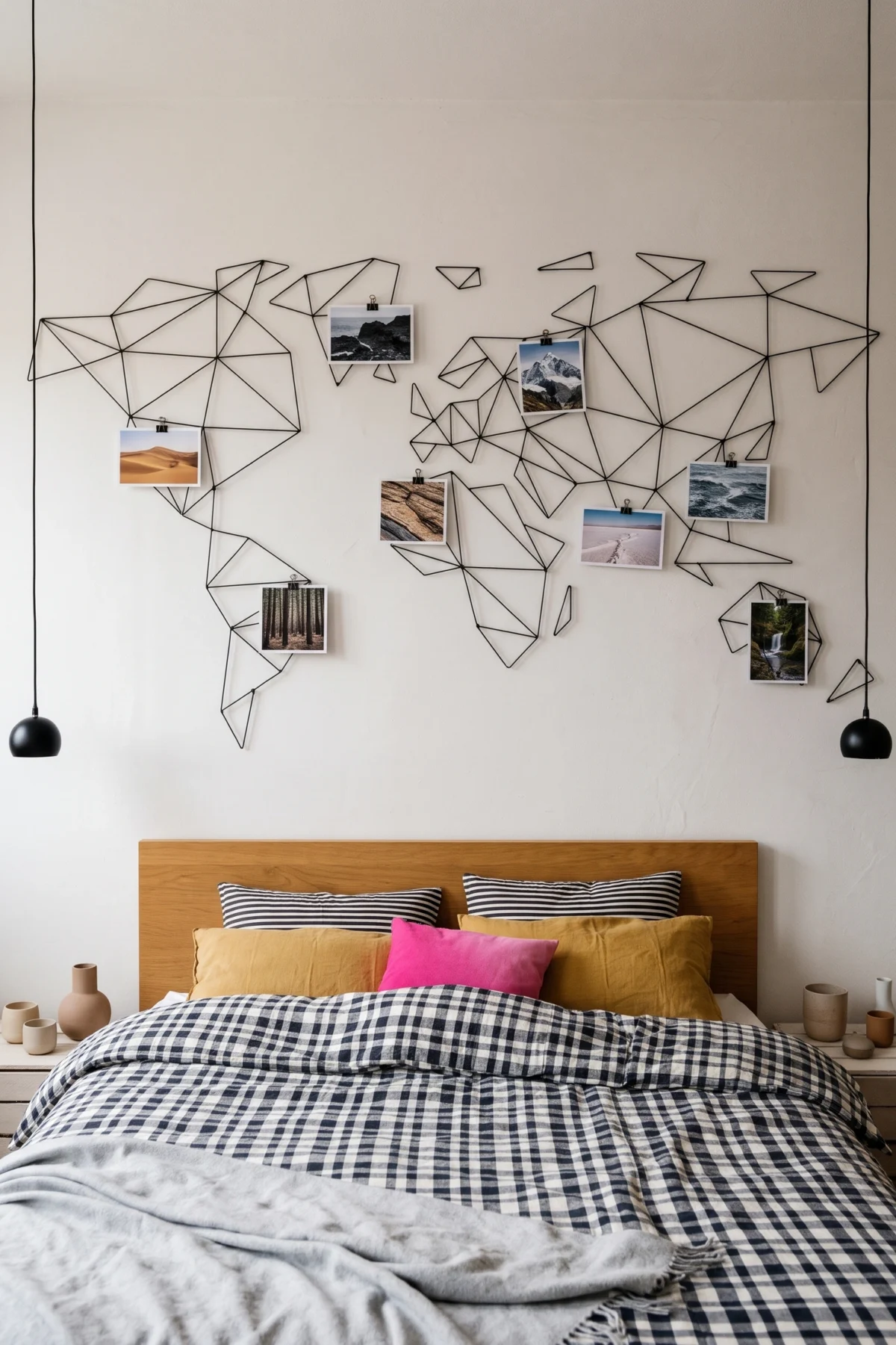 Carte du monde en fil métallique avec photos au-dessus d’un lit coloré