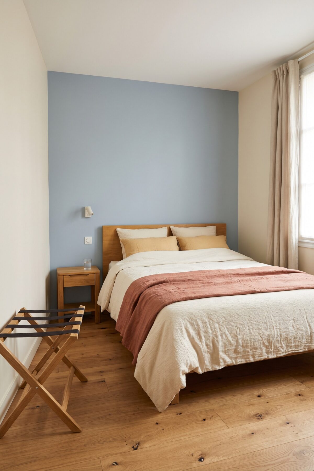 Chambre accueillante avec lit fait et espace libre pour les bagages