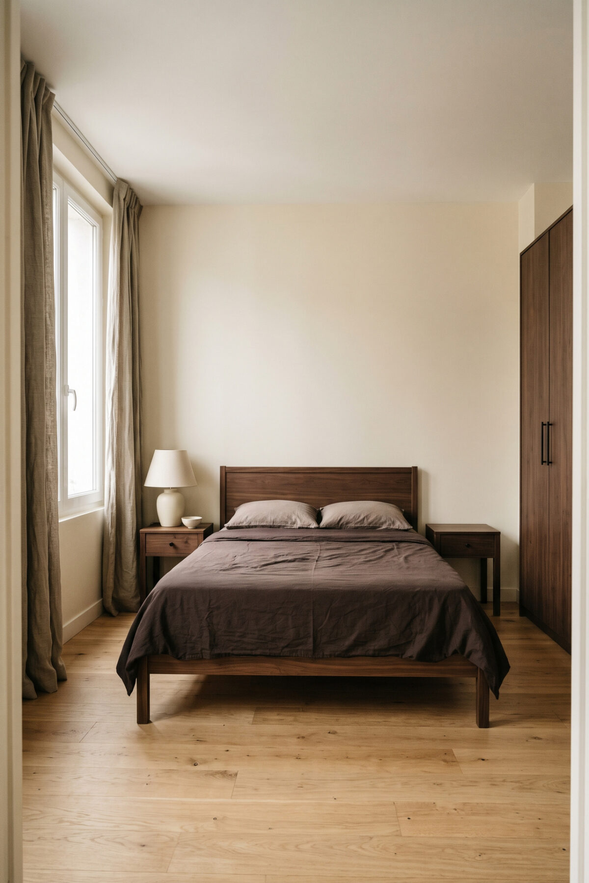 Chambre aux meubles foncés avec dessus-de-lit brun et rideaux taupe