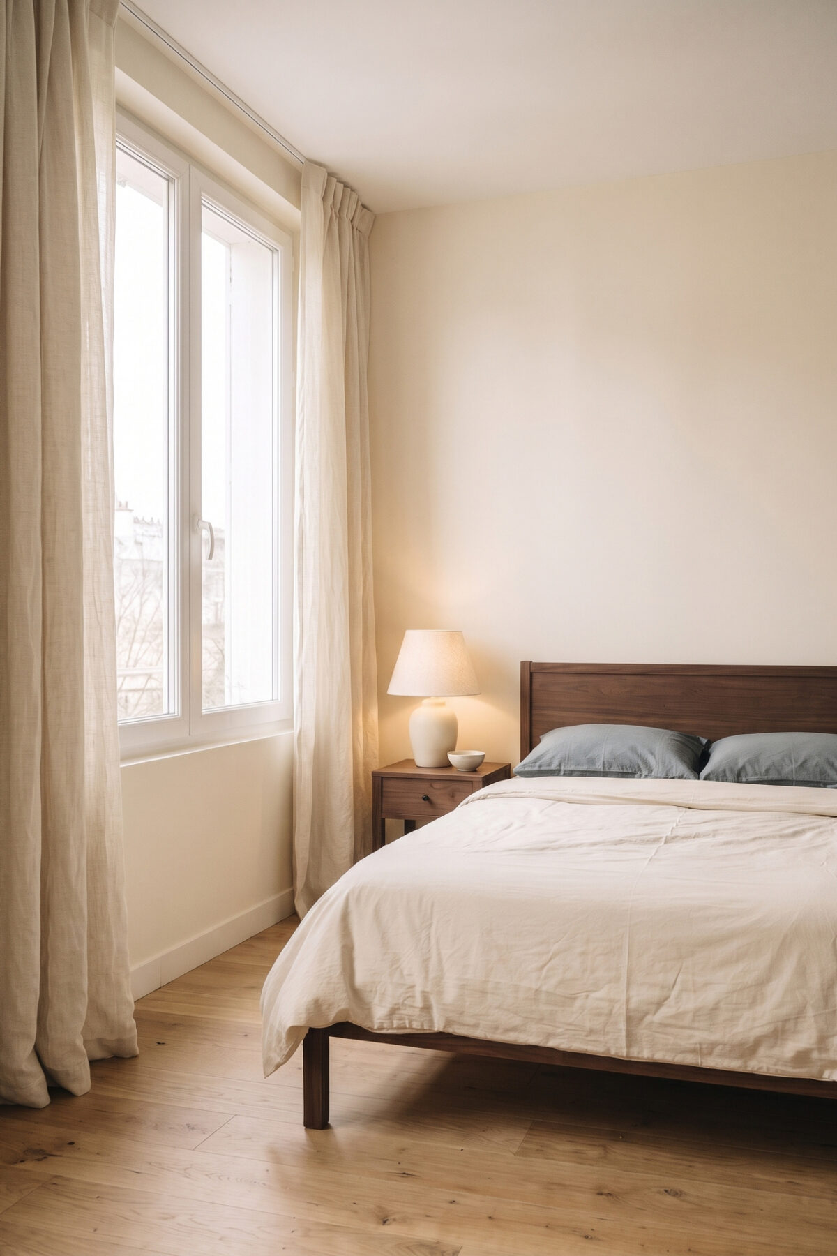 Chambre aux meubles foncés avec rideaux clairs et lumière du jour